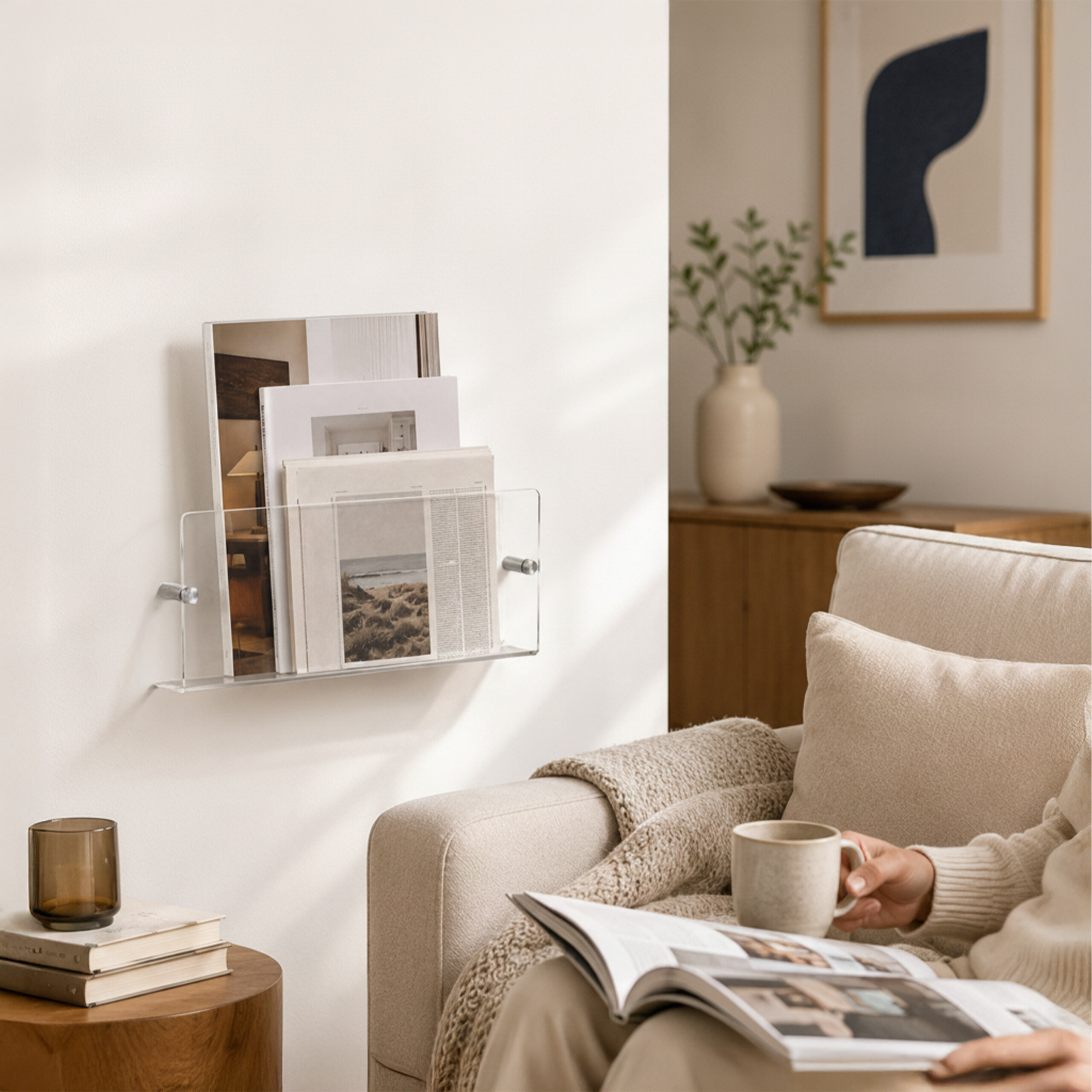 Person sitzt auf Sofa mit Tasse und Buch, daneben Acryl-Wandhalterung mit Zeitschriften an weißer Wand.