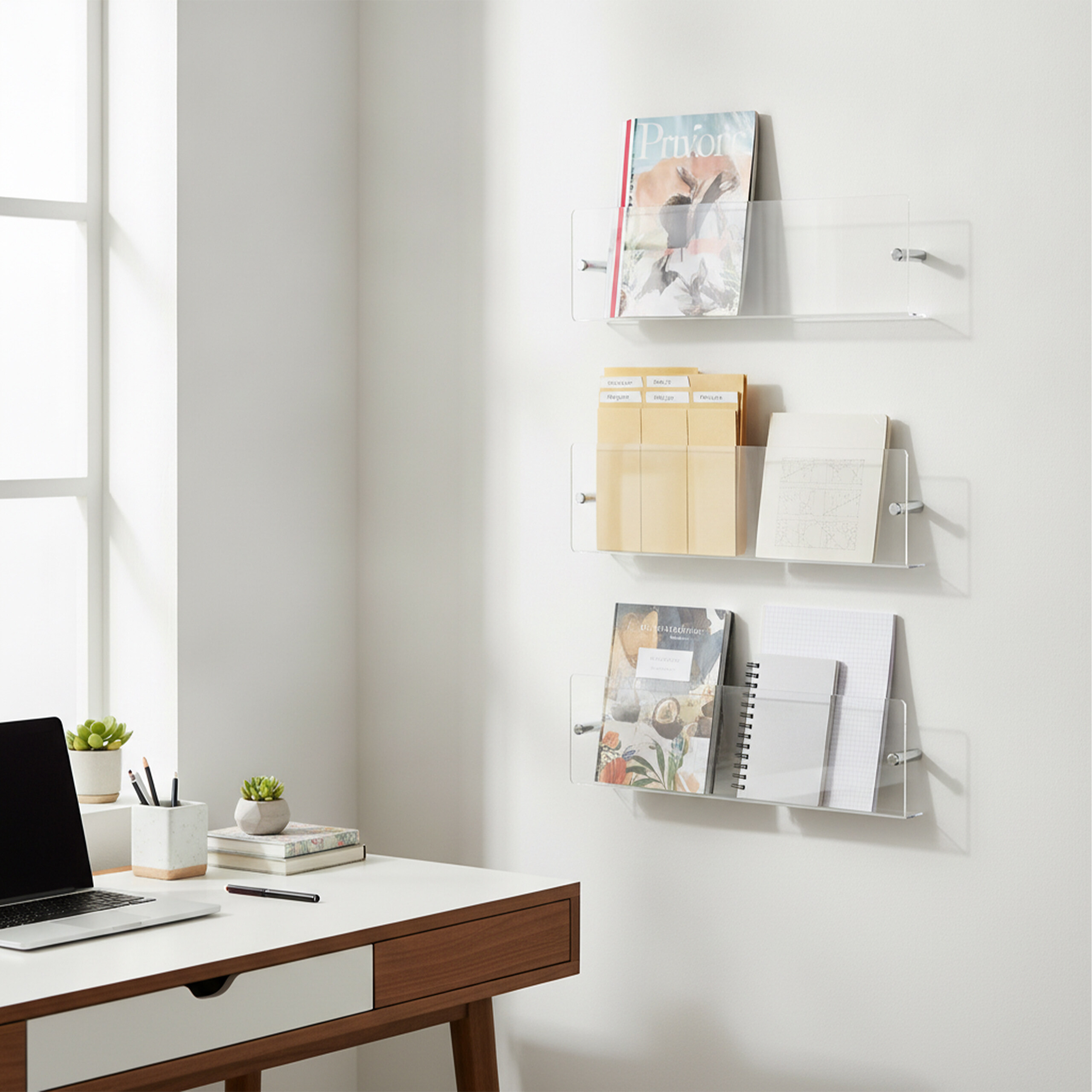 Drei transparente Acryl-Wandregale mit Zeitschriften und Ordnern über einem Schreibtisch mit Laptop.