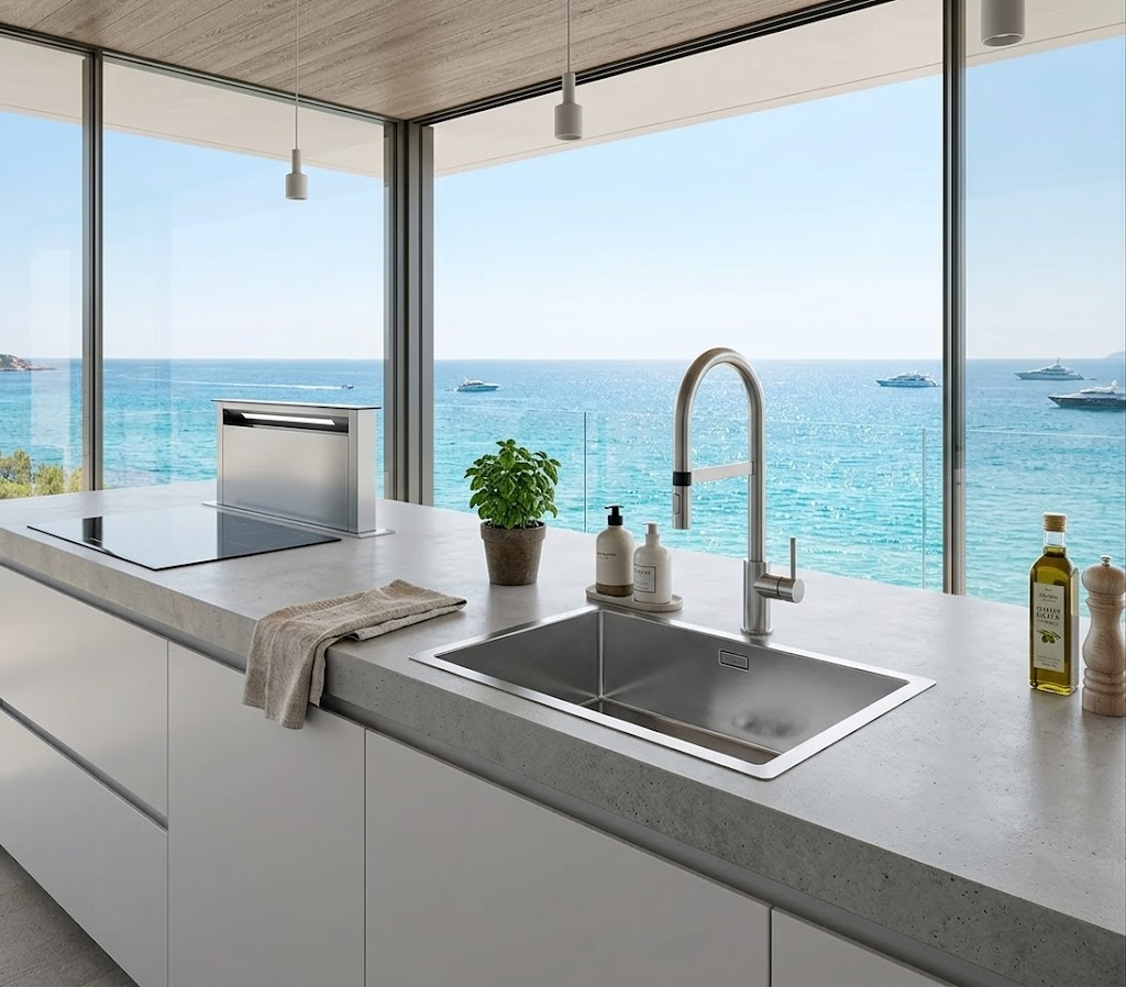 Cucina moderna con lavello e piano di lavoro davanti a grande finestra con vista mare.