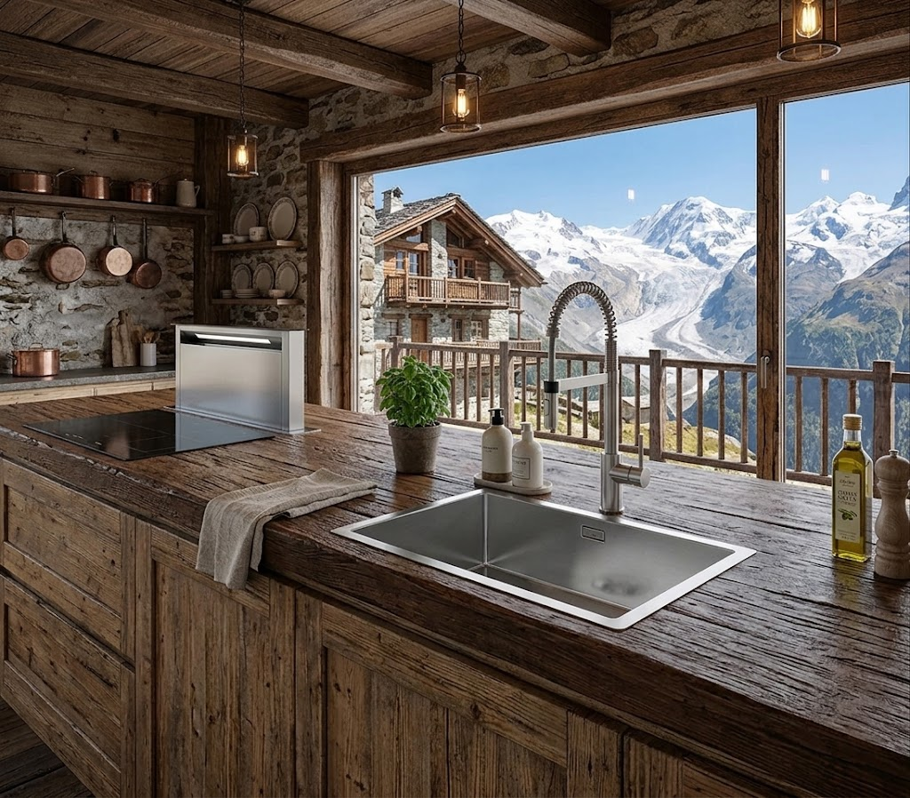 Cucina in legno con lavello e piano cottura, vista sulle montagne innevate da una grande finestra.