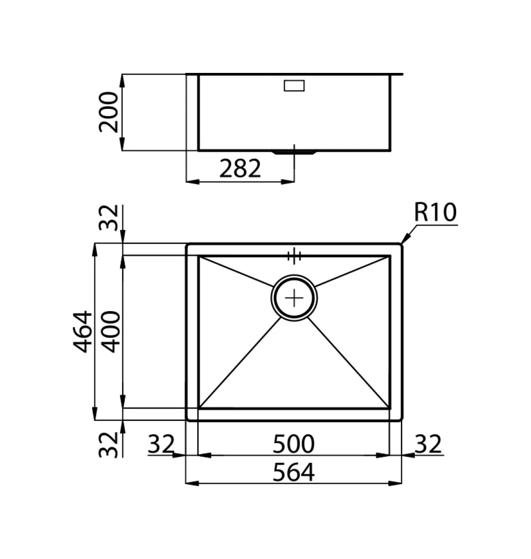 Disegno tecnico di un lavello da cucina rettangolare con misure di profondità, larghezza e scarico.