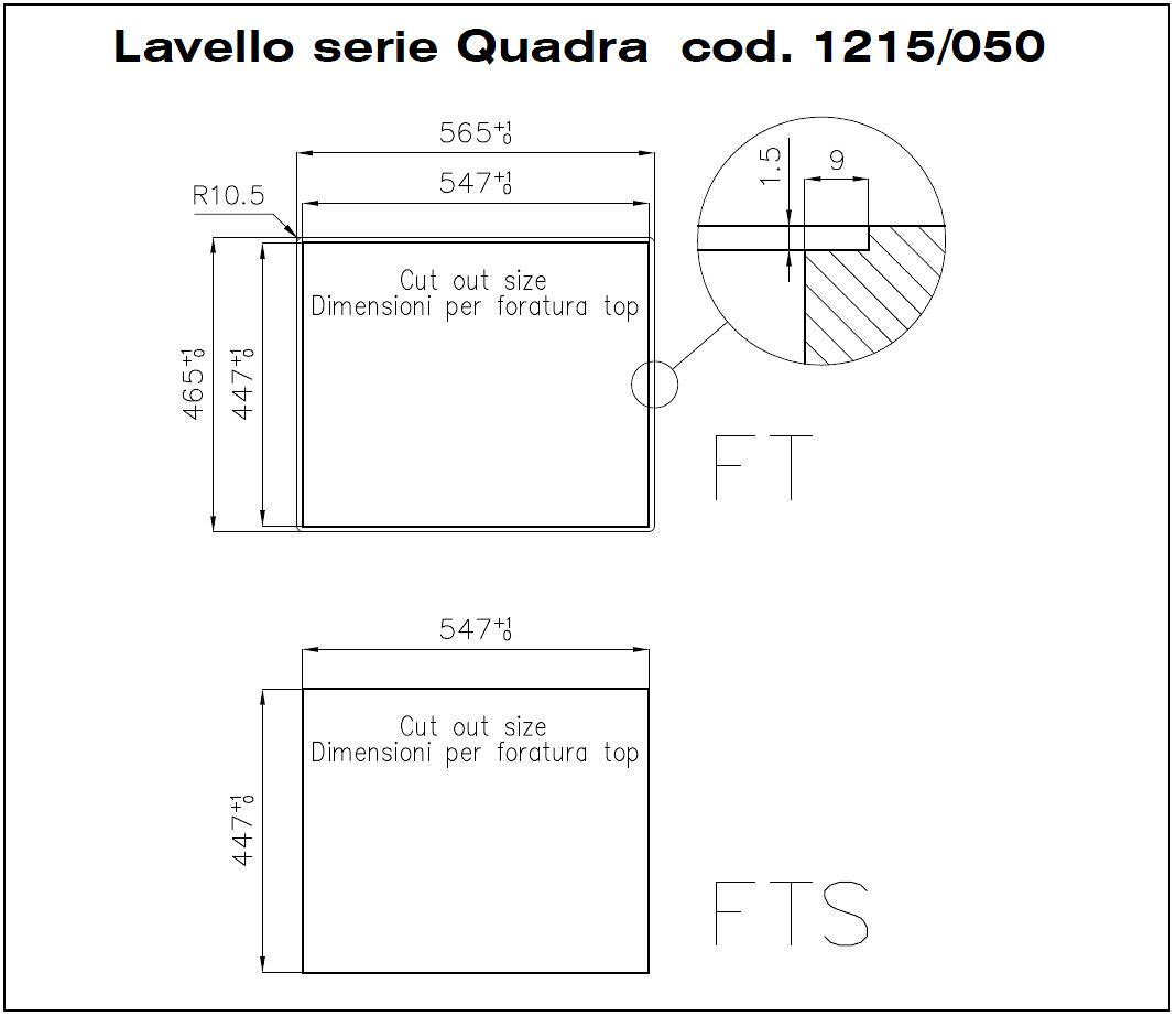 Disegno tecnico con misure per il lavello Quadra 1215/050.
