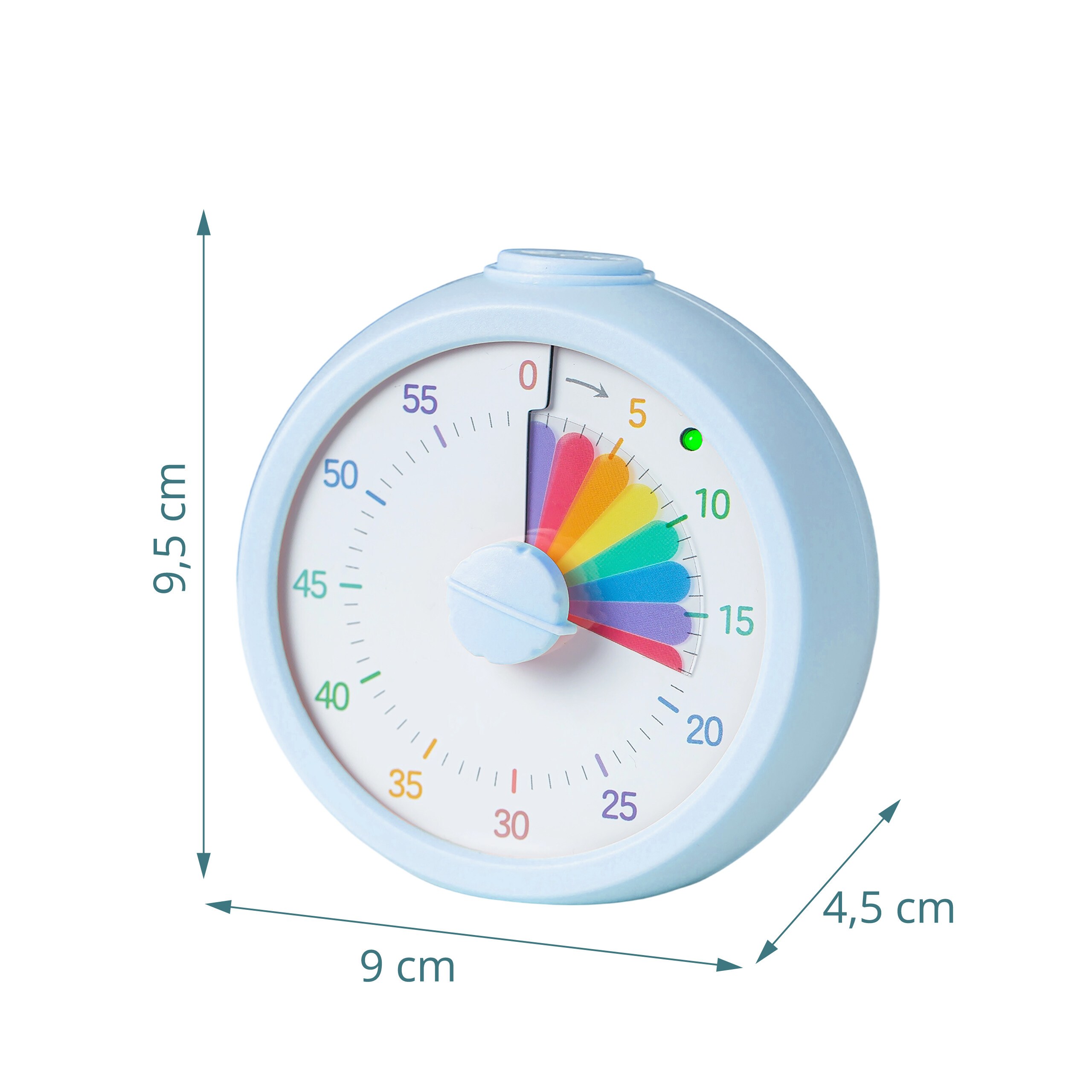 Ein hellblauer runder visueller Timer mit Regenbogen-Countdown, Maße 9,5 cm Höhe, 9 cm Breite, 4,5 cm Tiefe.