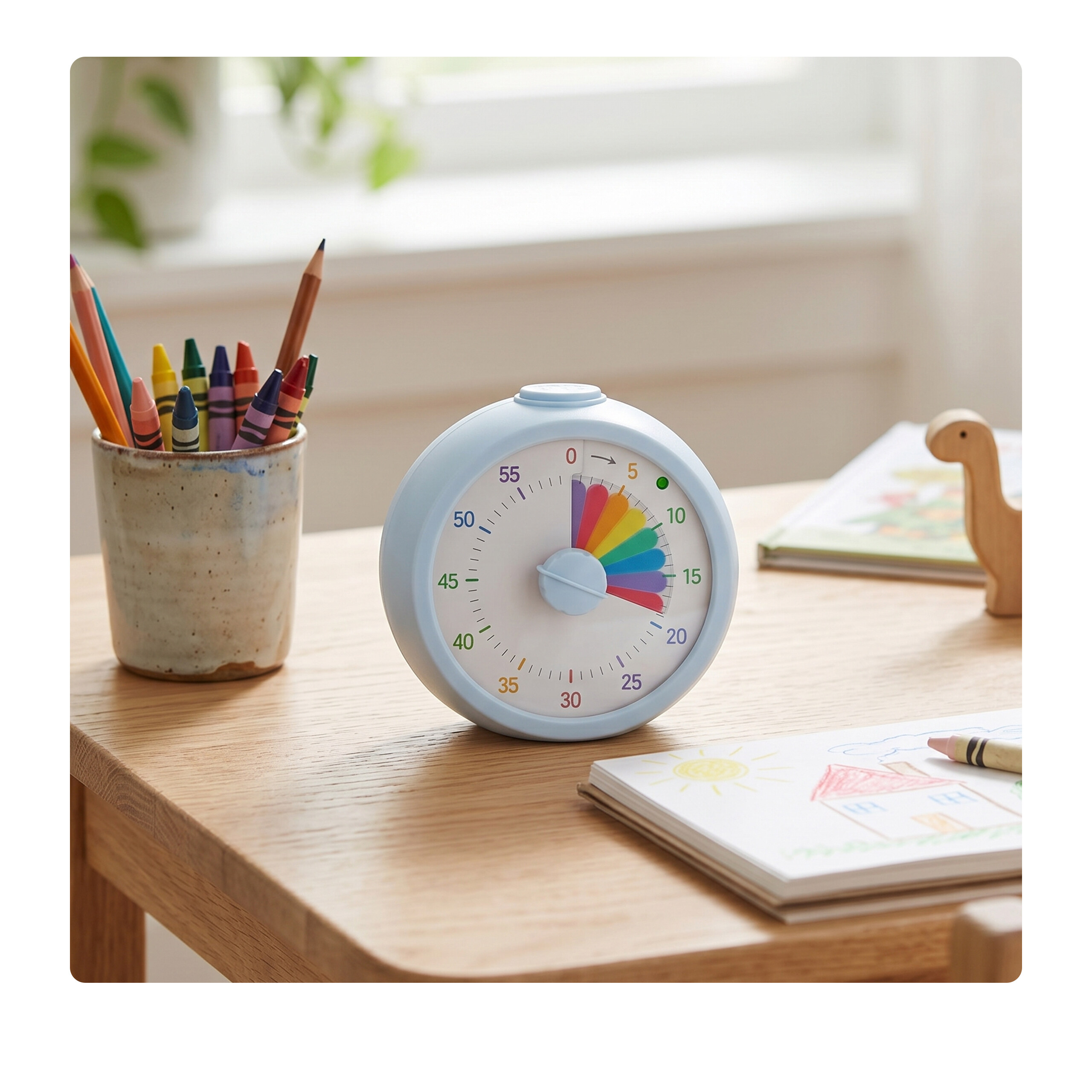 Ein blauer visueller Timer steht auf einem Holztisch, neben Buntstiften im Becher und Zeichnungen.