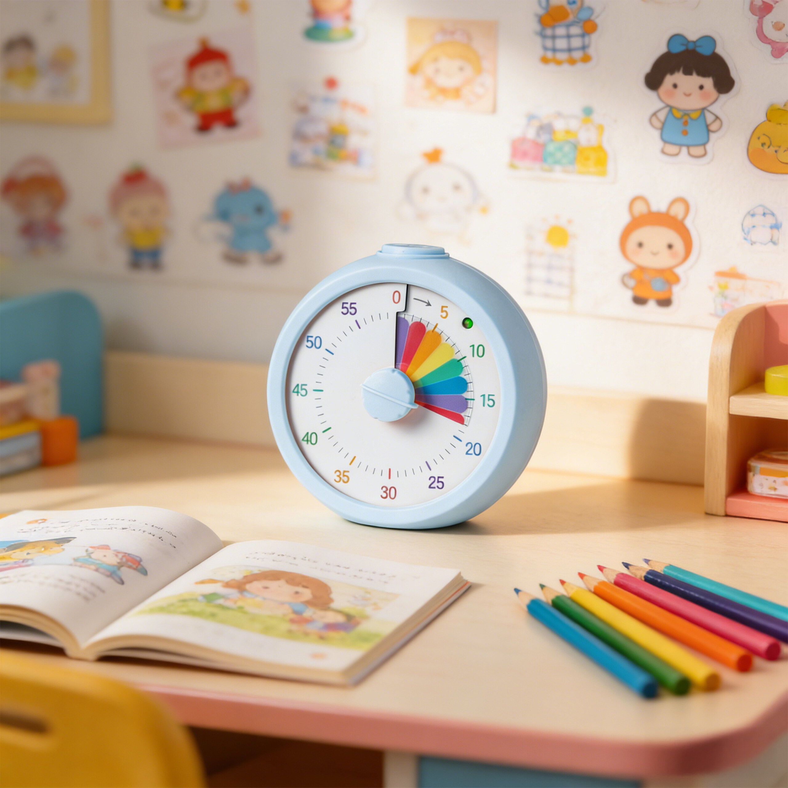 Ein hellblauer visueller Timer auf einem Schreibtisch mit offenem Buch und bunten Stiften vor einer Stickerwand.