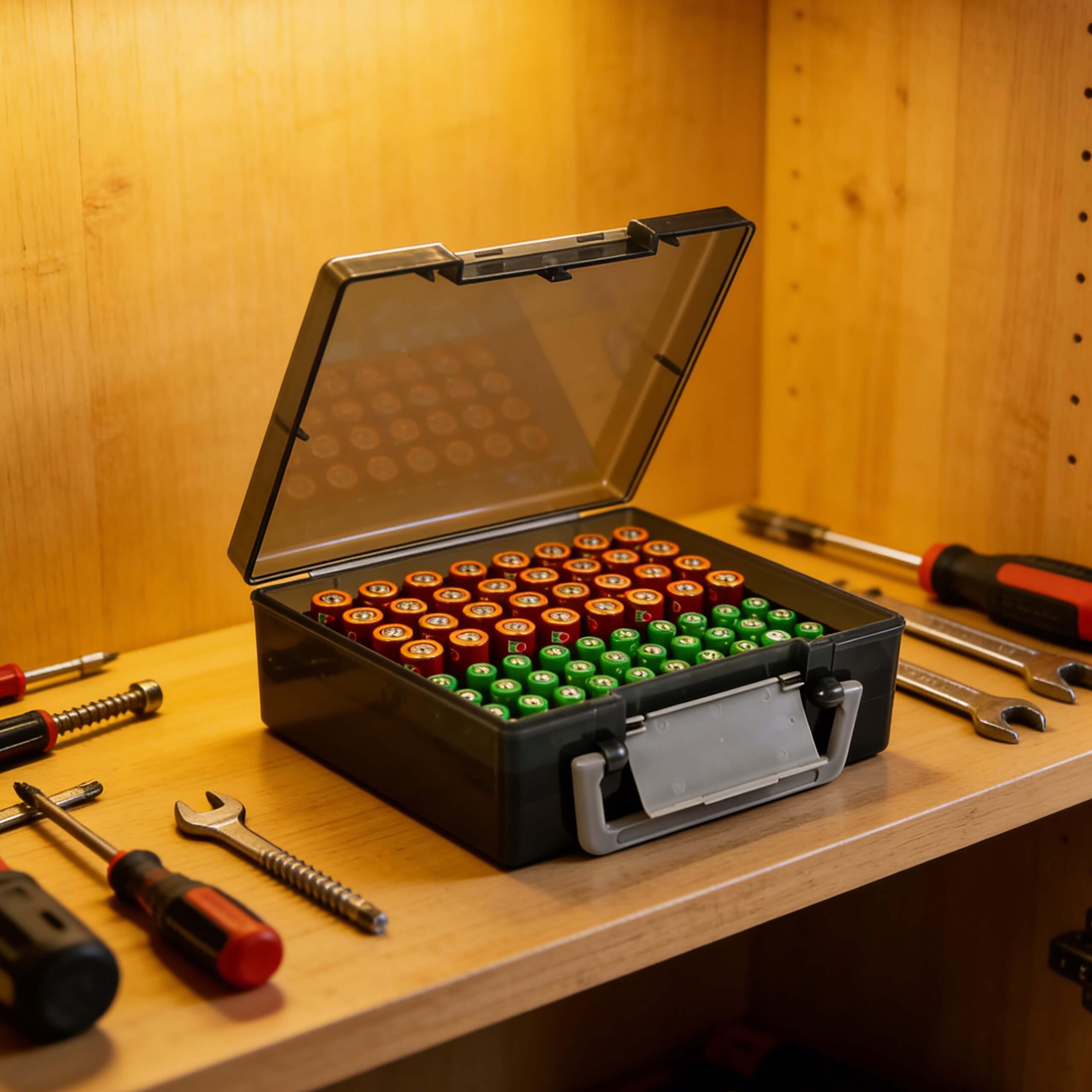 Ein offener Koffer voller roter und grüner Batterien steht auf einem Holzregal, umgeben von Werkzeug.