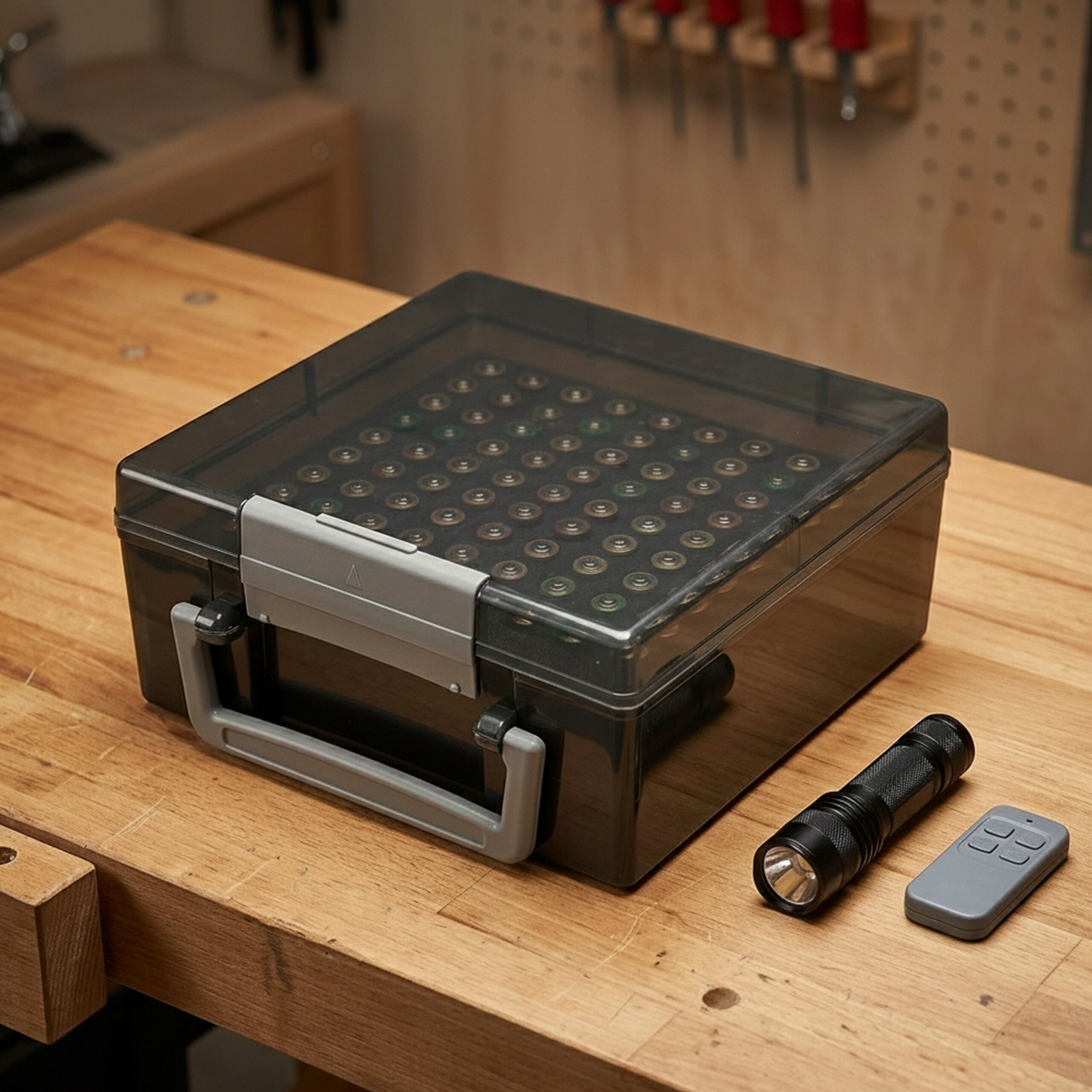 Eine rauchfarbene Kunststoff-Batteriebox, eine Taschenlampe und eine Fernbedienung liegen auf einer Werkbank.