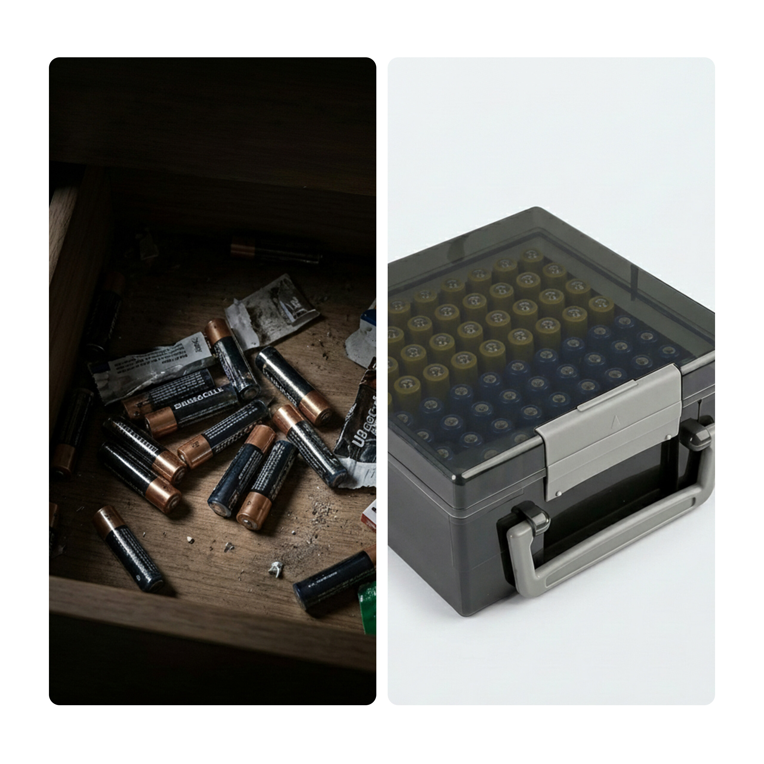 Lose Batterien in einer dunklen Schublade neben einem durchsichtigen Kunststoff-Organizer mit sortierten Batterien.