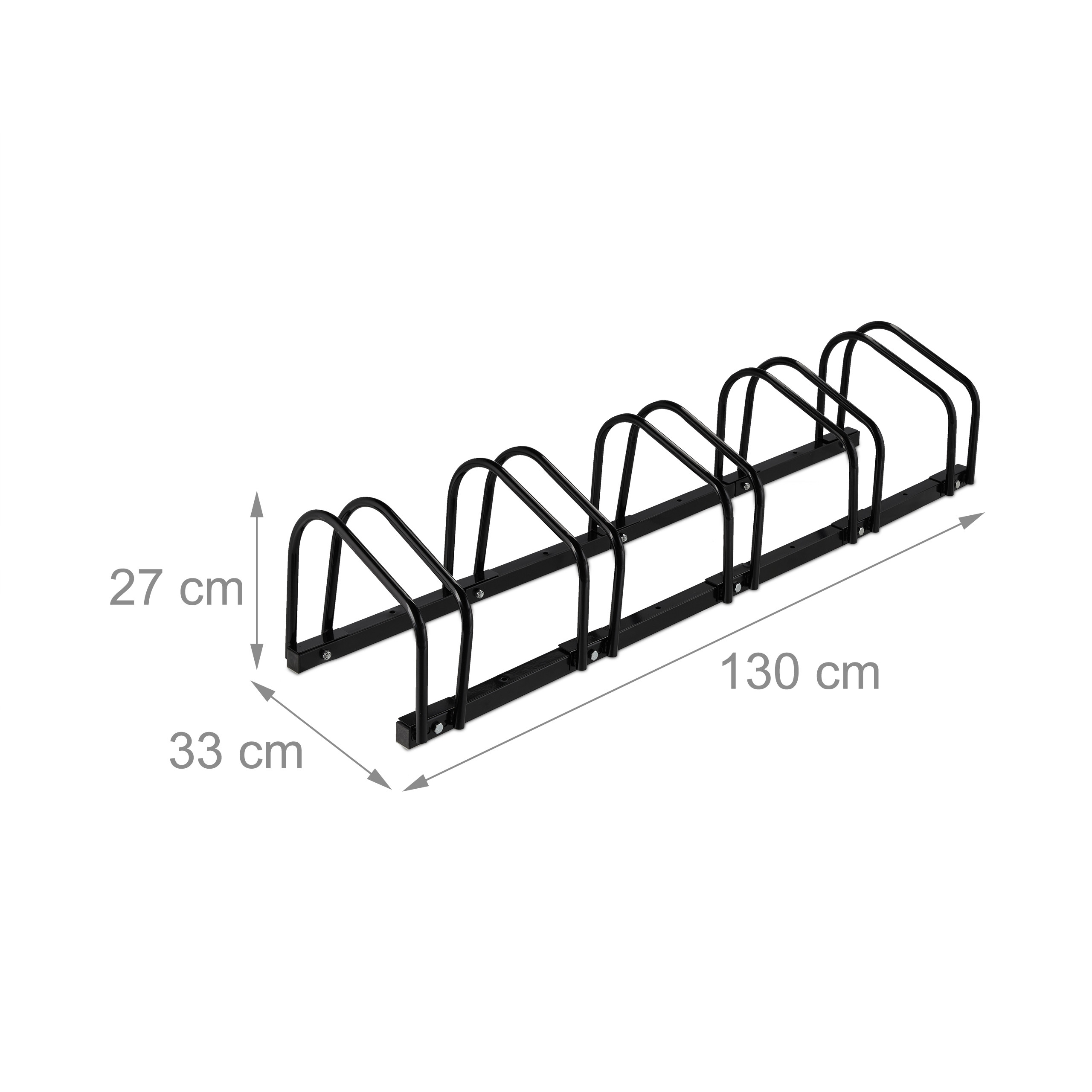 Schwarzer Fahrradständer für 5 Fahrräder, mit Maßen von 130 cm Länge, 33 cm Breite und 27 cm Höhe auf weißem Grund.
