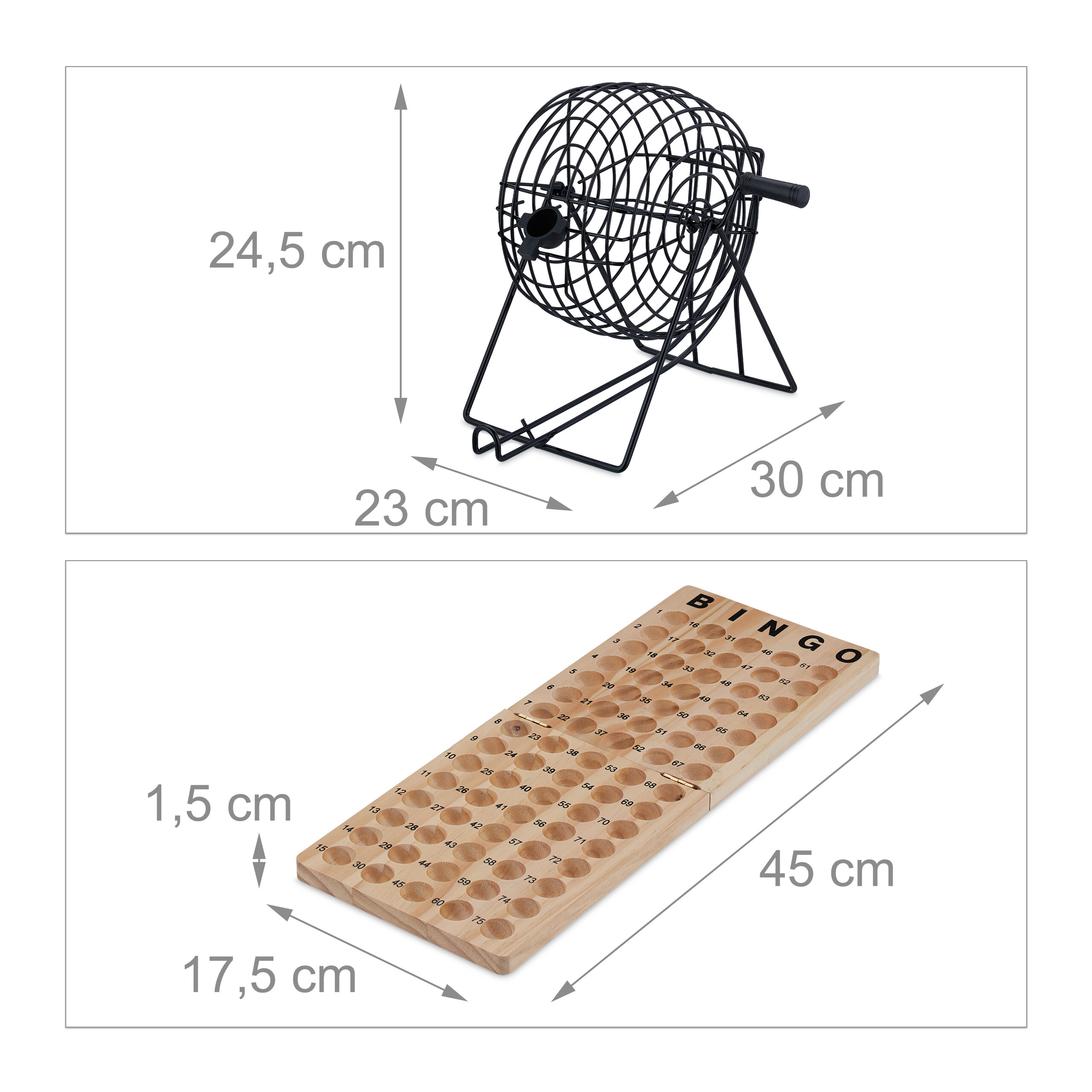 Technische Zeichnung einer Bingo-Trommel und eines Holzzahlenbretts mit Maßangaben.