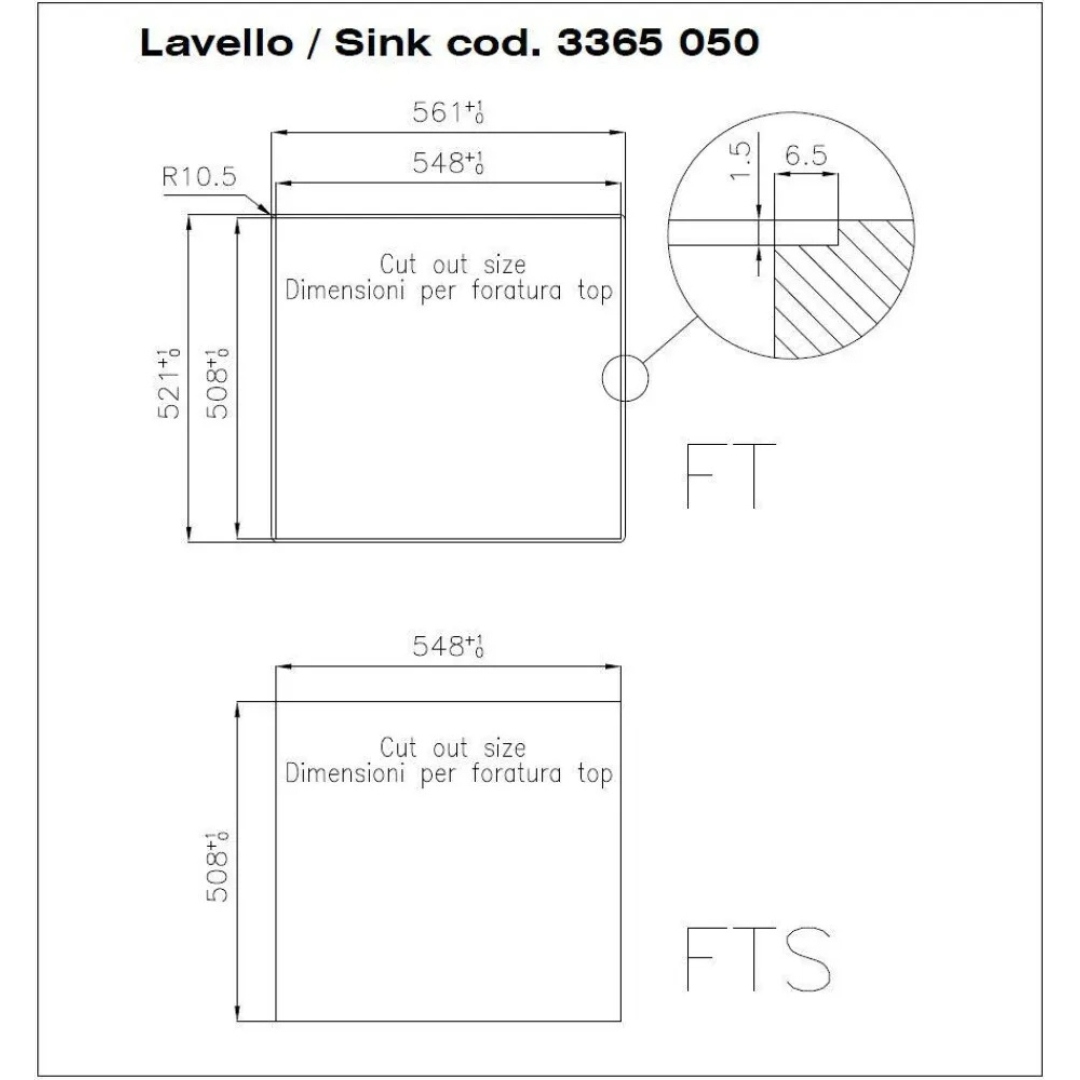 Disegno tecnico con le dimensioni di taglio per il lavello cod. 3365 050.