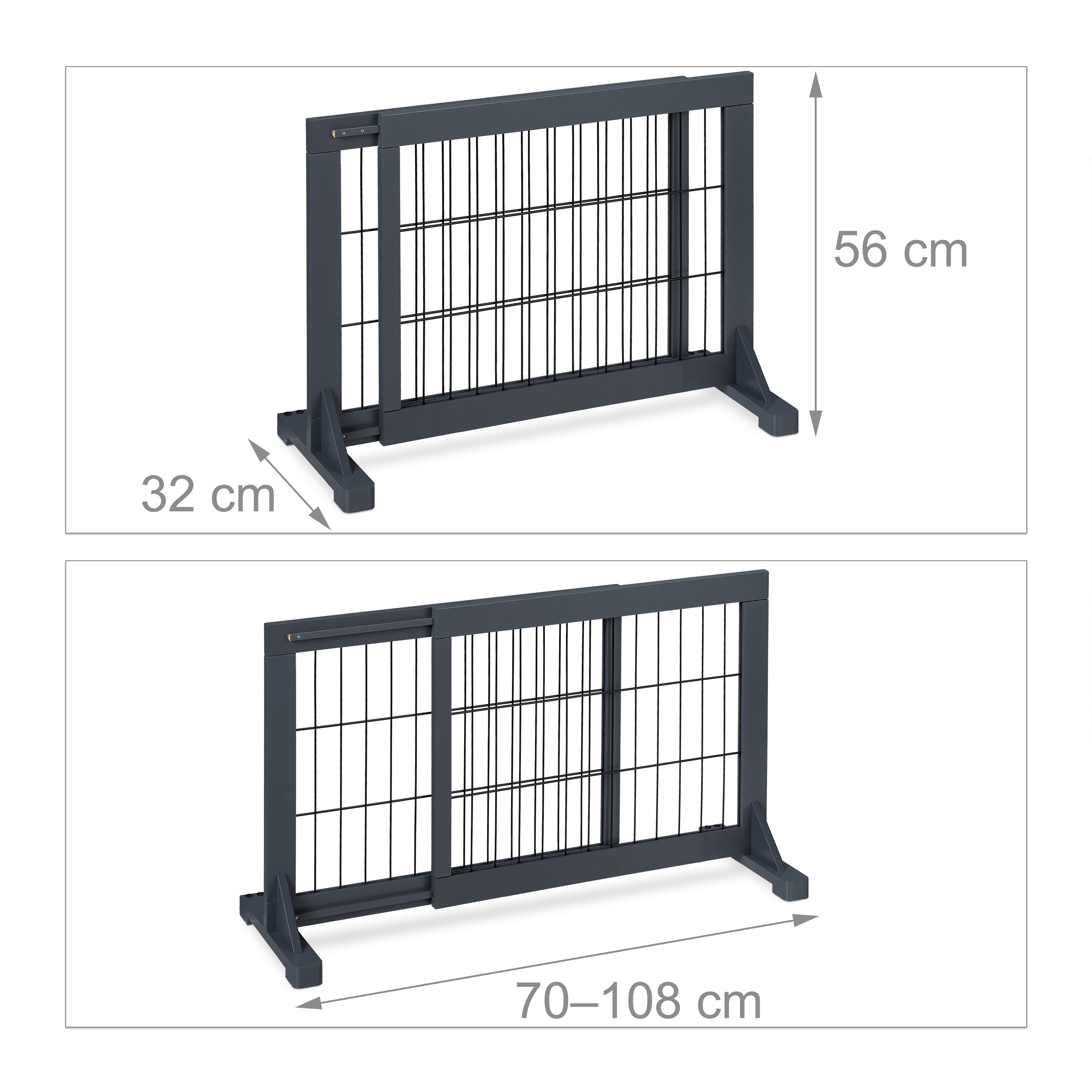 Graues Schutzgitter mit Maßen: Höhe 56 cm, Tiefe 32 cm, verstellbare Breite 70 bis 108 cm.