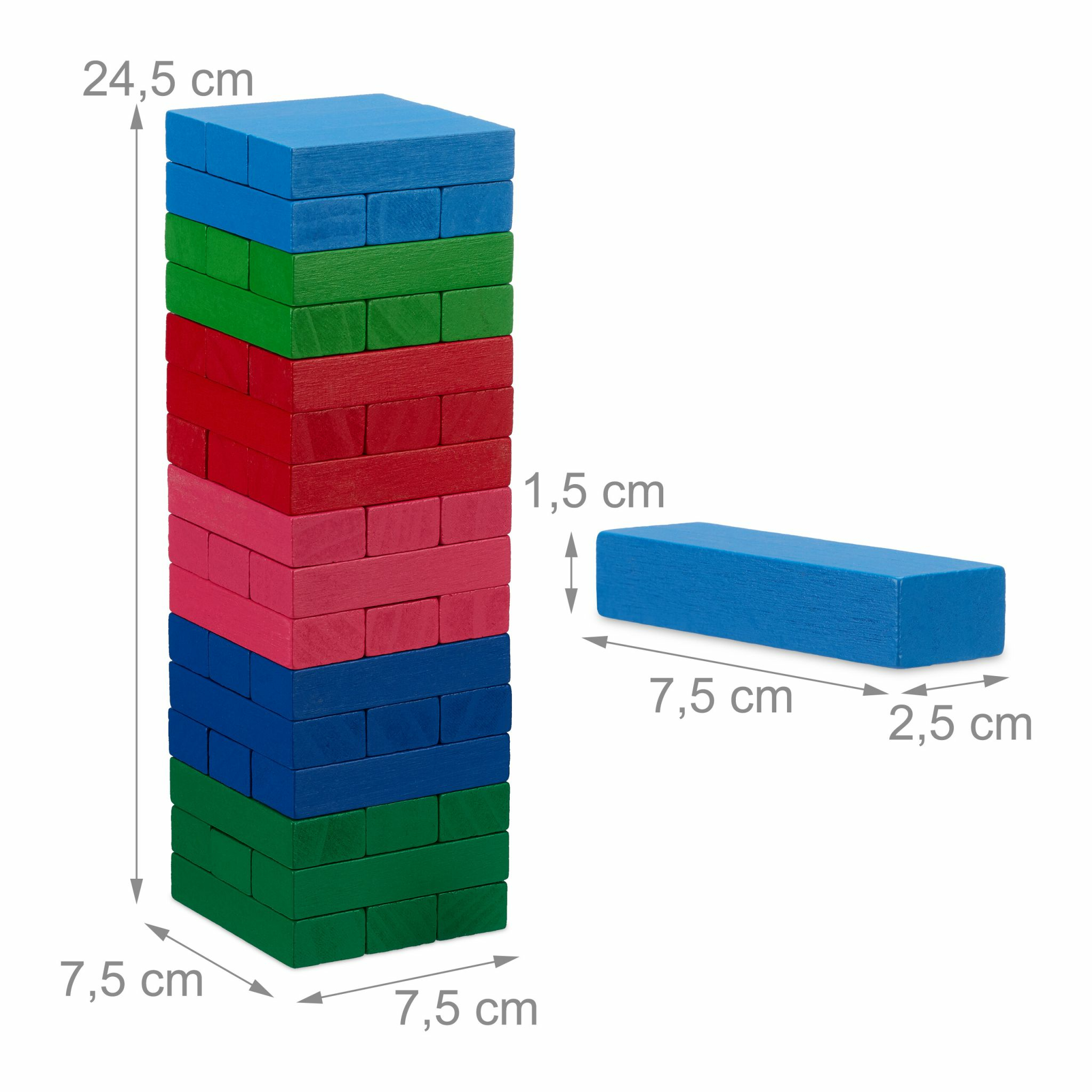 Ein farbiger Holzturm mit Messungen von 24,5 cm Höhe, daneben ein einzelner Block mit Maßen von 7,5 x 2,5 x 1,5 cm.