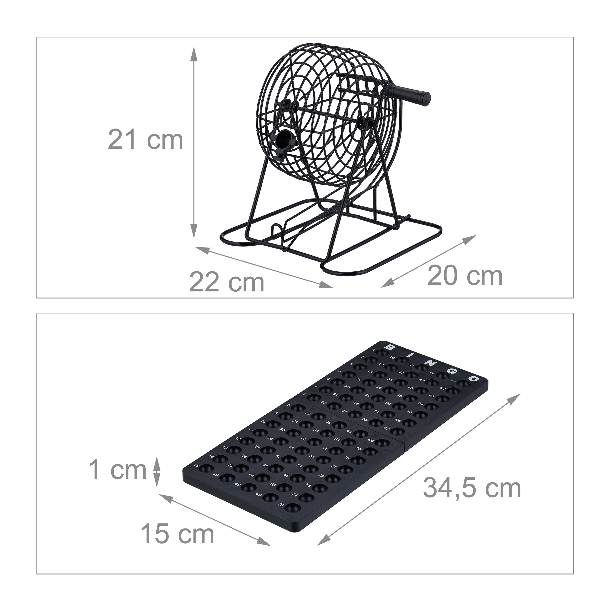 Diagramm zeigt eine schwarze Bingo-Trommel (21x22x20 cm) und eine Bingo-Tafel (1x15x34,5 cm).