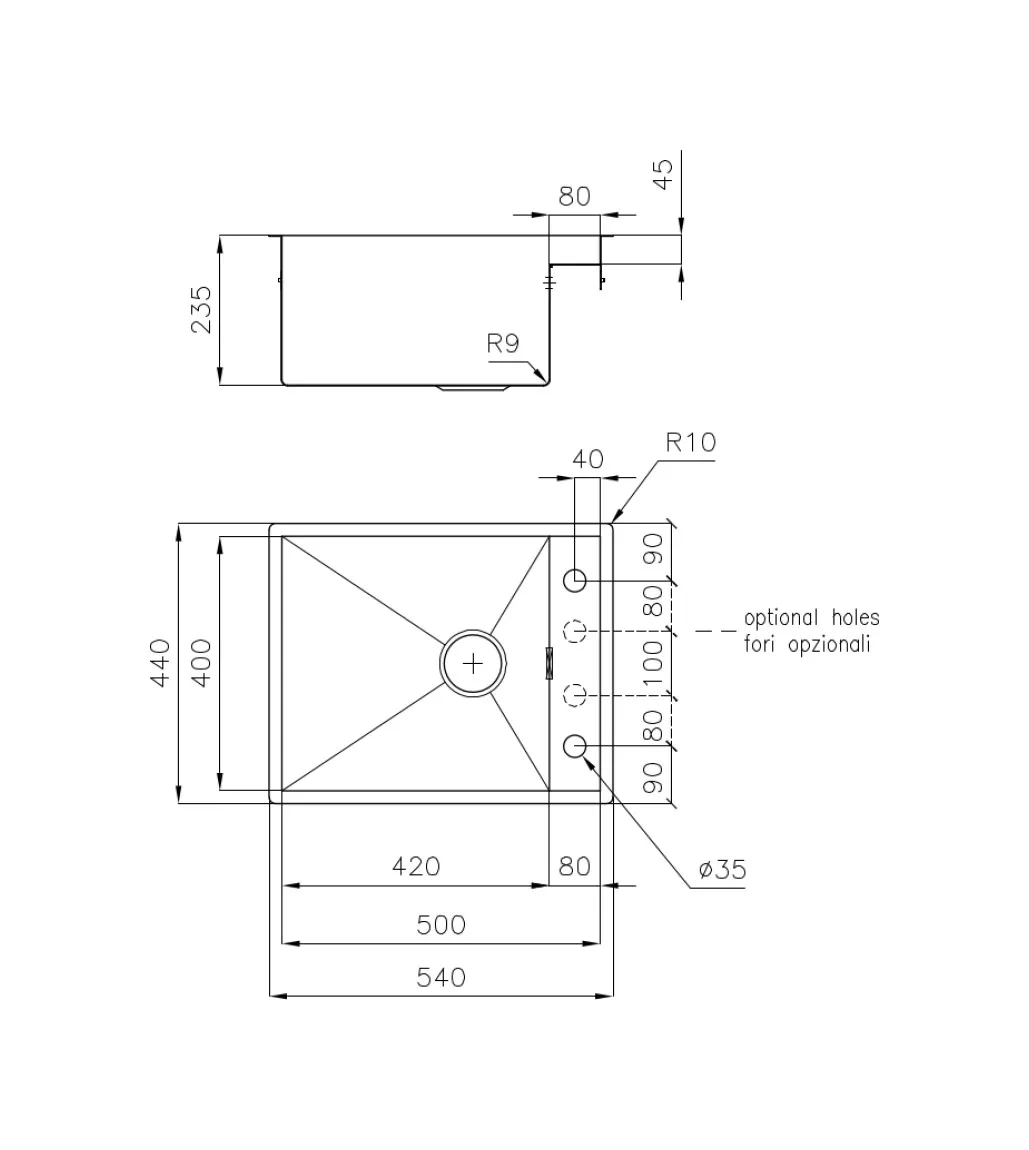 Disegno tecnico di un lavello da cucina con quote in millimetri e fori rubinetto opzionali.