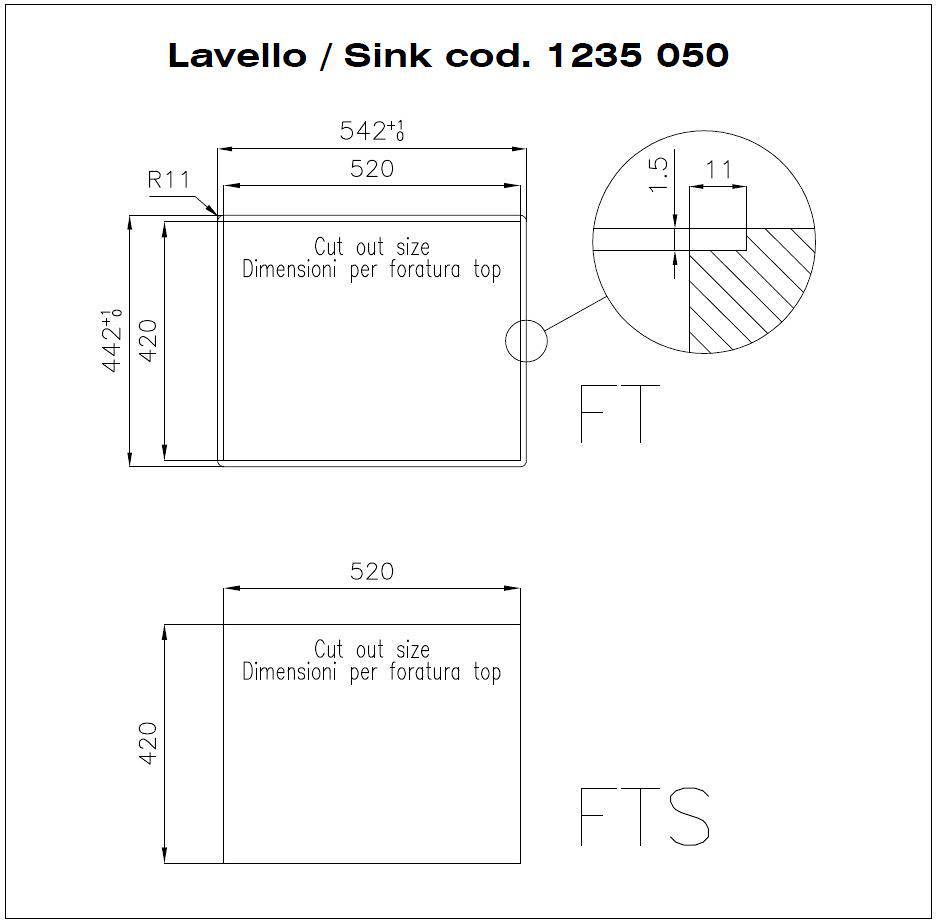Disegno tecnico di un lavello con dimensioni di taglio, misure e dettagli.