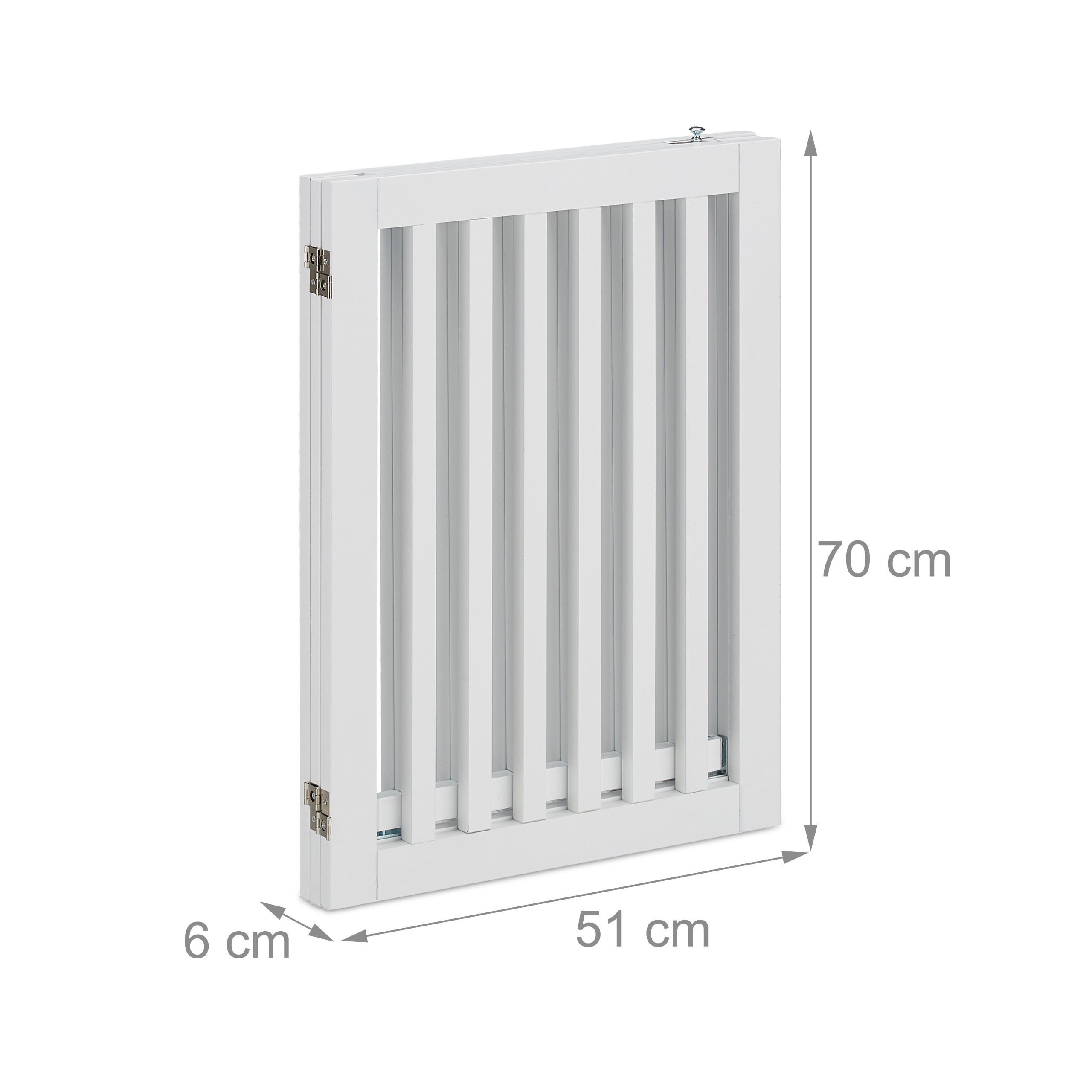 Ein weißes Falt-Tierschutzgitter mit 70 cm Höhe, 51 cm Breite und 6 cm Tiefe.