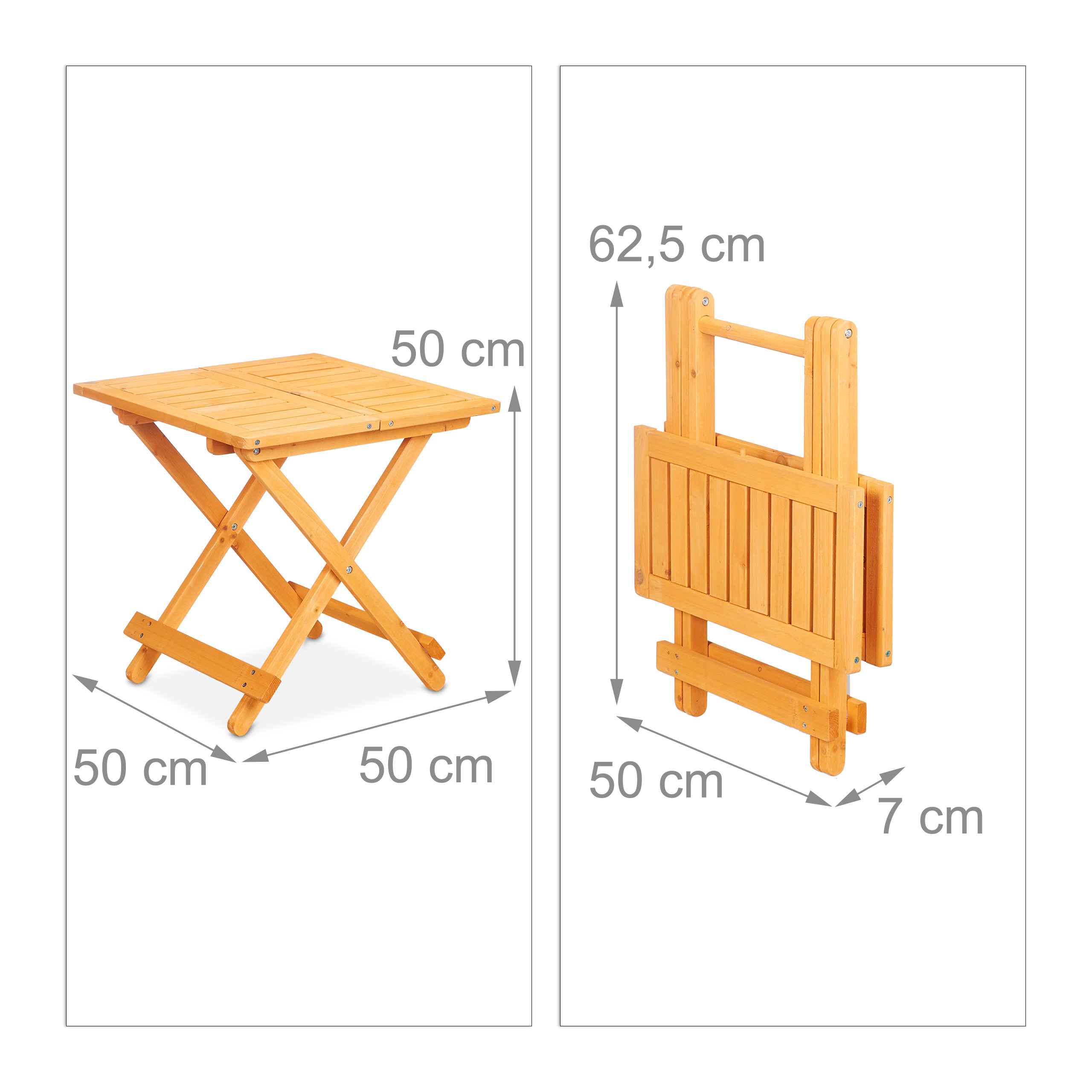 Holz-Klapptisch mit Maßen: 50x50x50 cm offen und 62,5x50x7 cm zusammengeklappt.