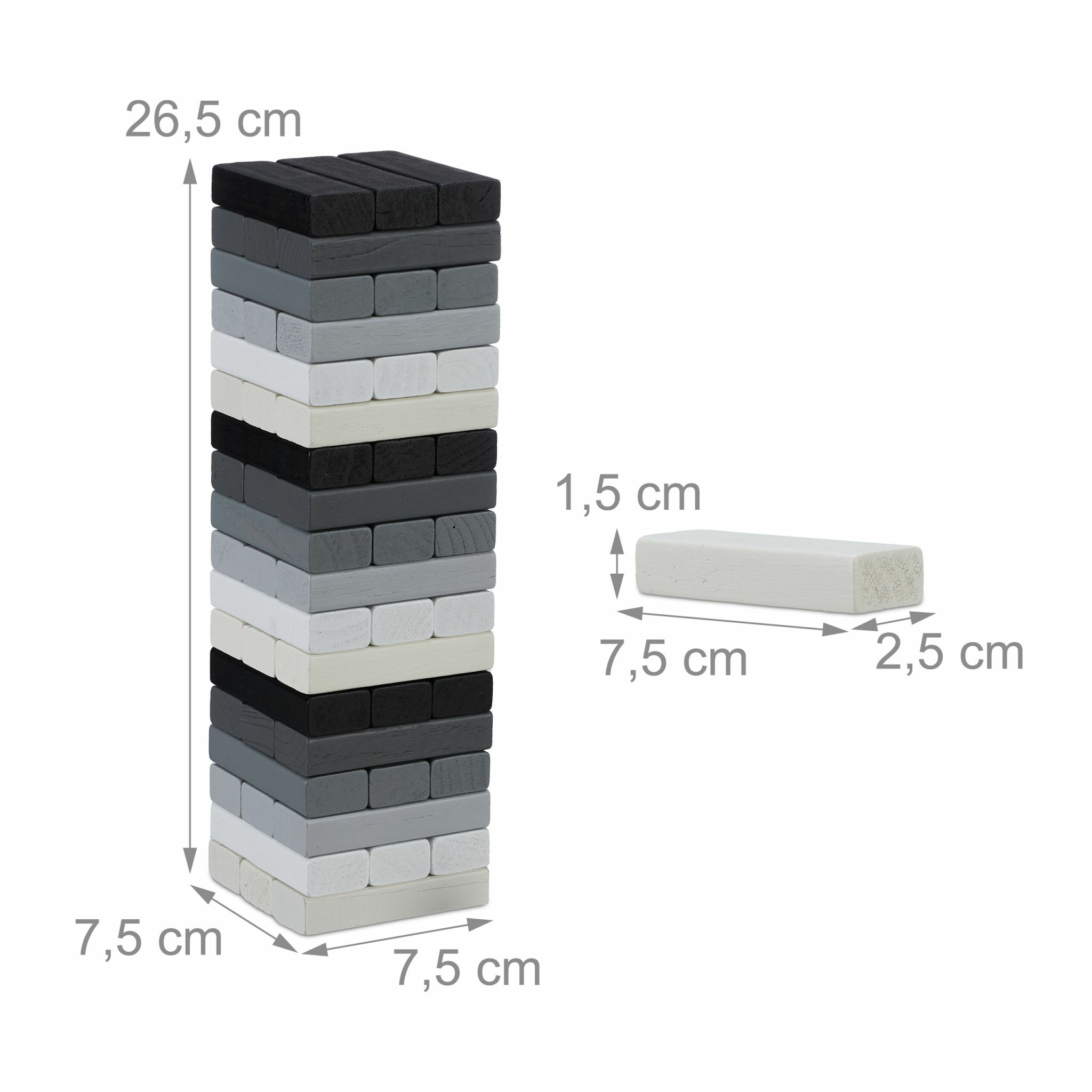 Holzstapelturm in Schwarz, Grau und Weiß mit Maßpfeilen für Höhe, Breite und Blockgröße.