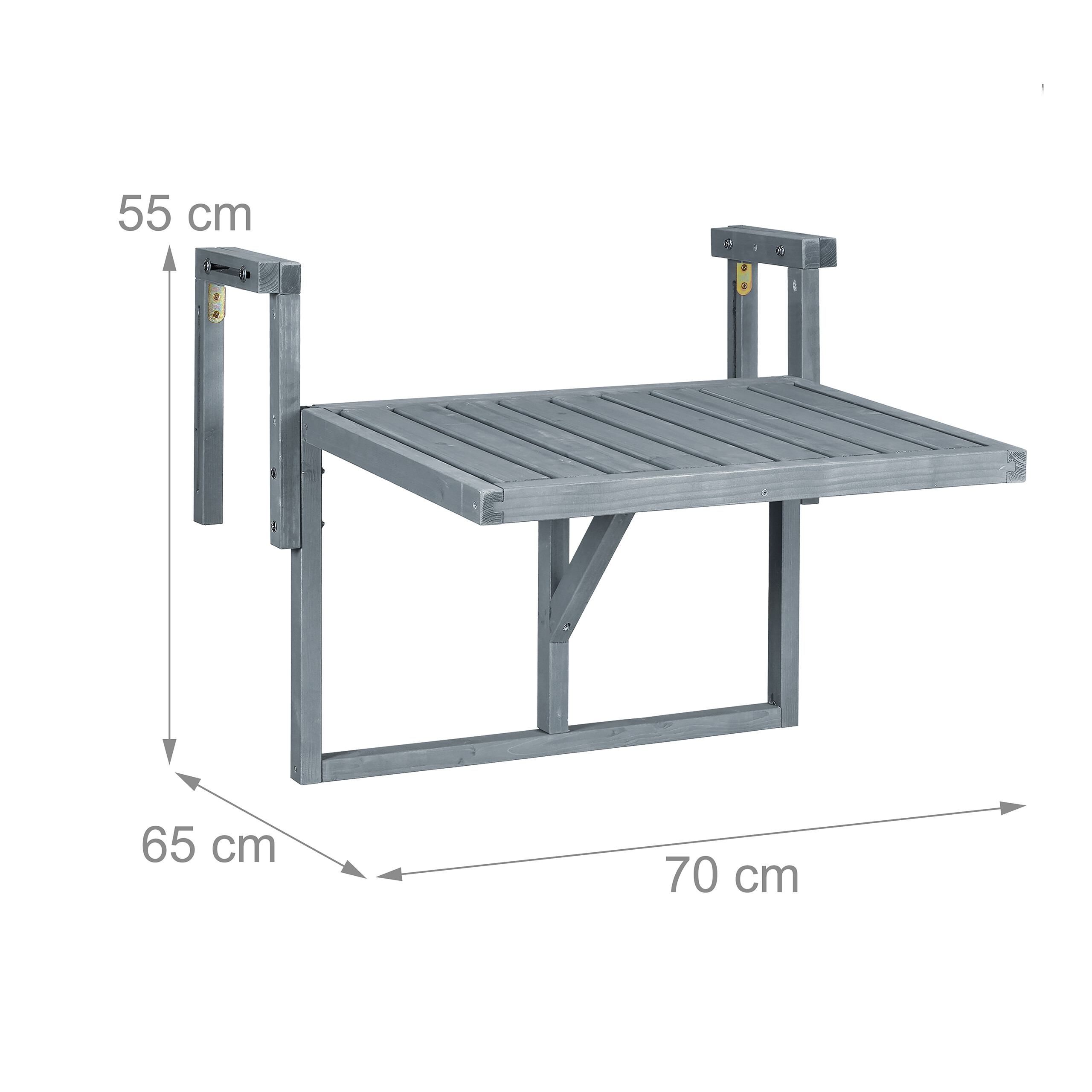 Grauer Balkontisch aus Holz mit Hängevorrichtung, Maße: 70cm Breite, 65cm Tiefe, 55cm Höhe.