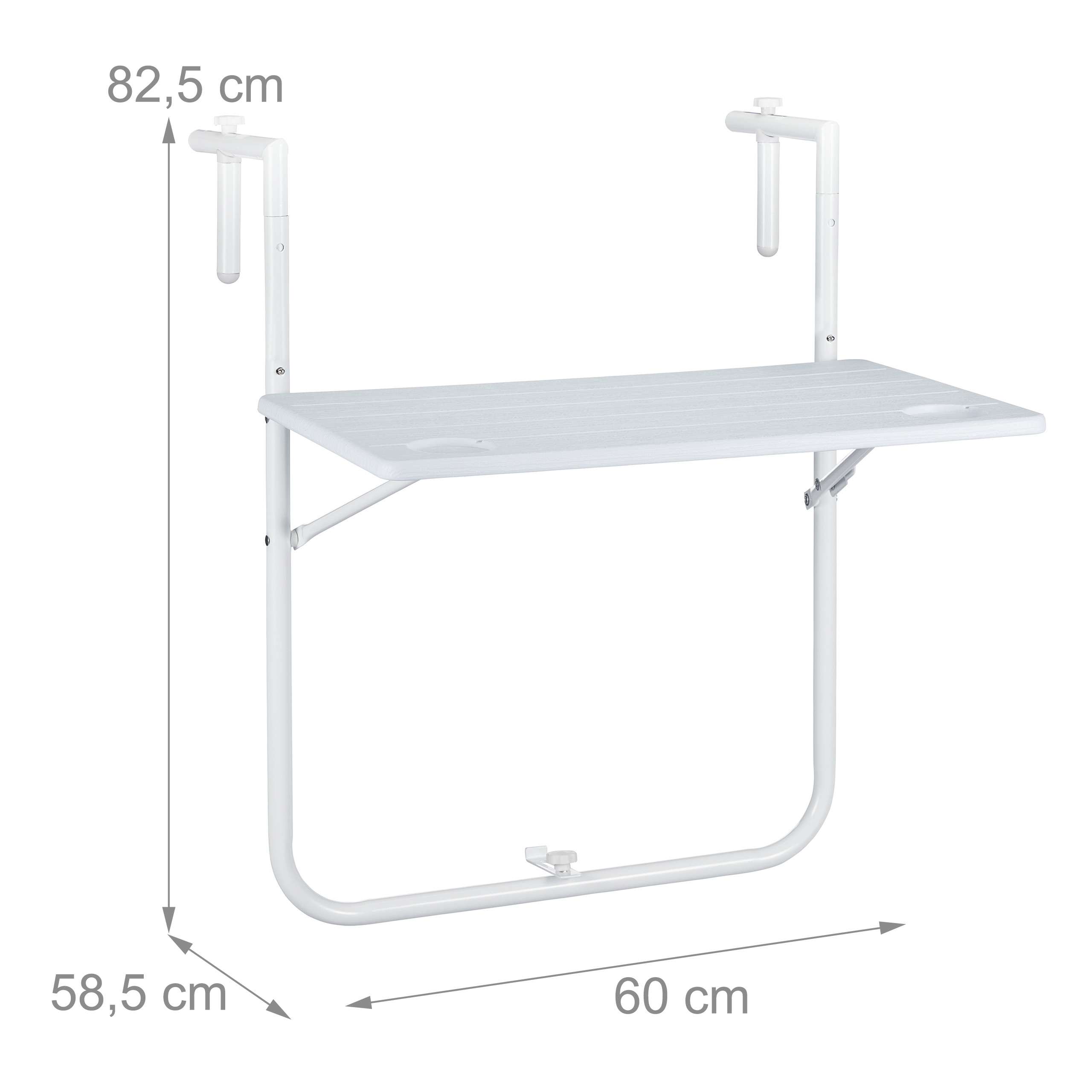 Weißer Klapp-Balkontisch mit Metallgestell, zeigt Maße Höhe 82,5 cm, Tiefe 58,5 cm und Breite 60 cm.