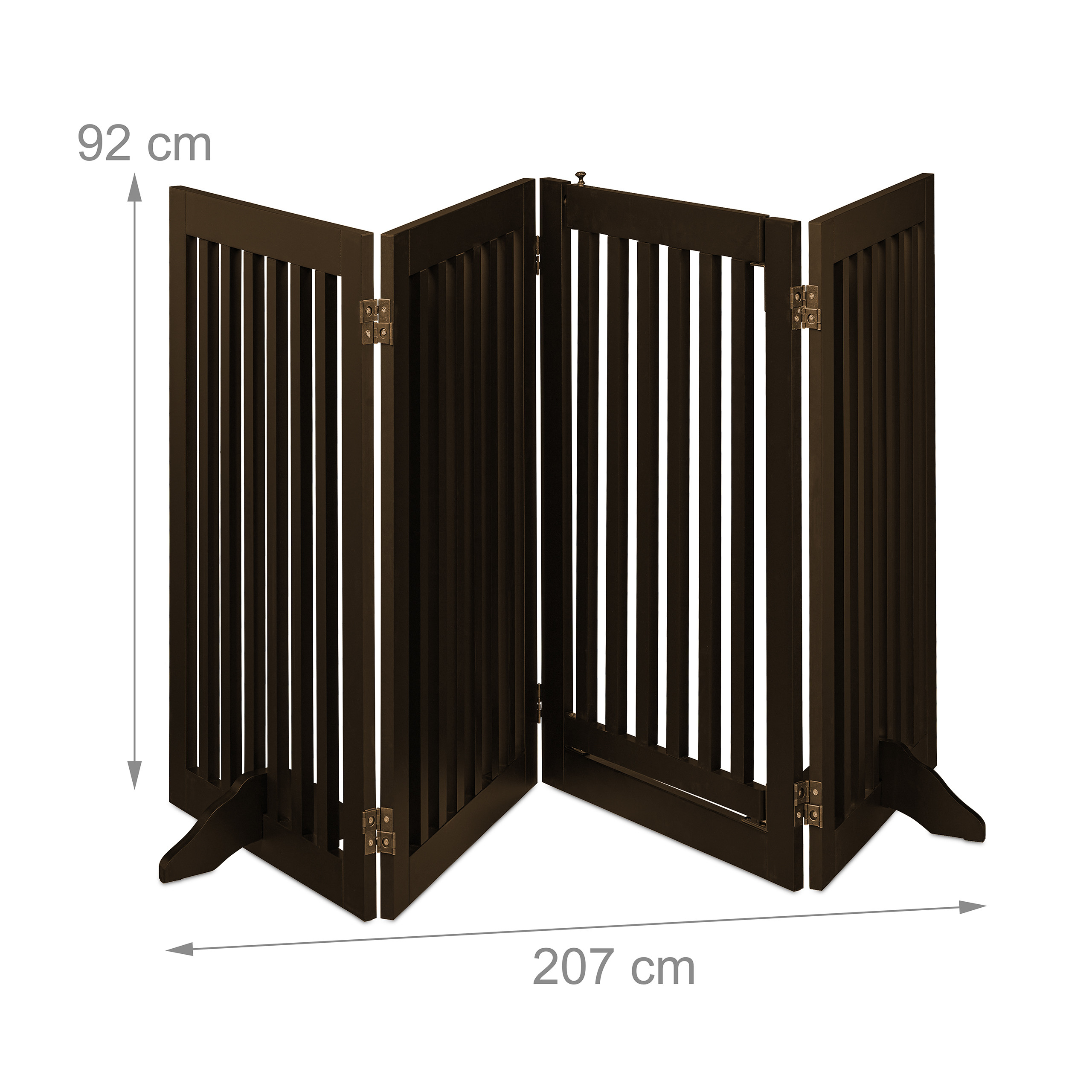 Ein dunkelbraunes Haustiergitter aus Holz mit vier Klappelementen, Messingscharnieren, 92 cm hoch und 207 cm breit.