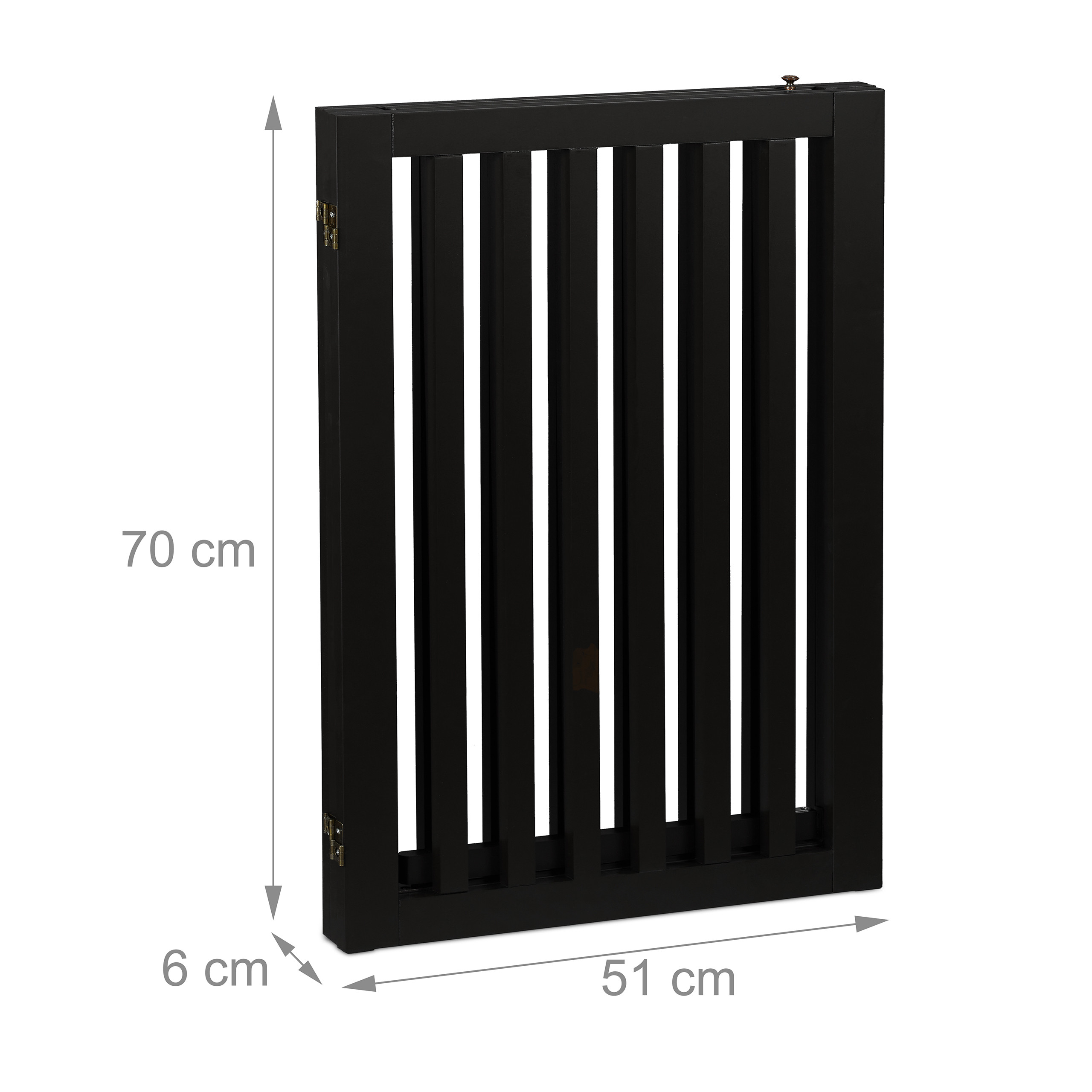 Schwarzes Holzgitter, 70x51x6 cm groß, mit senkrechten Streben und Maßangaben auf hellem Hintergrund.