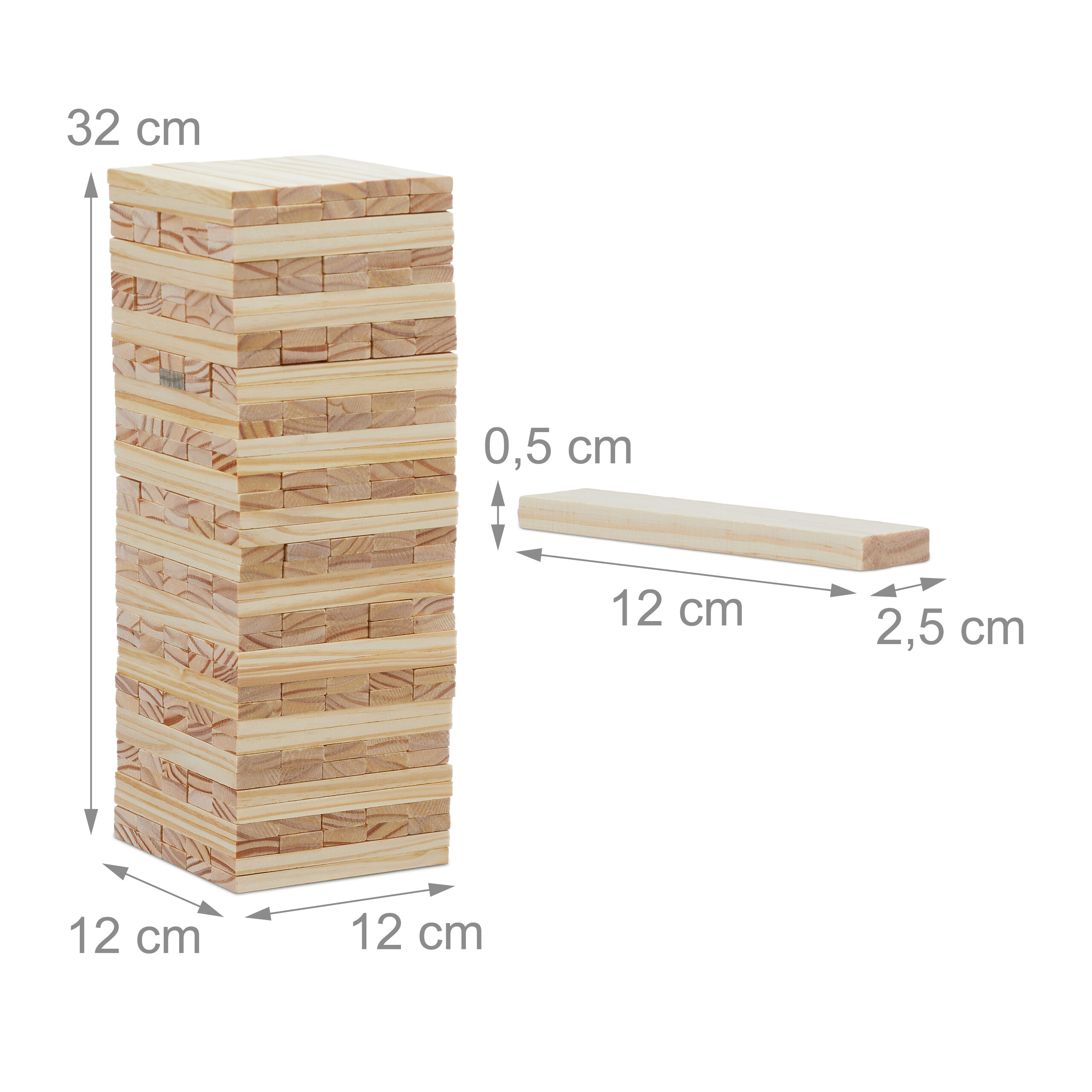 Ein Holzturm mit Maßangaben: Höhe 32 cm, Grundfläche 12x12 cm und Maße eines einzelnen Steins.