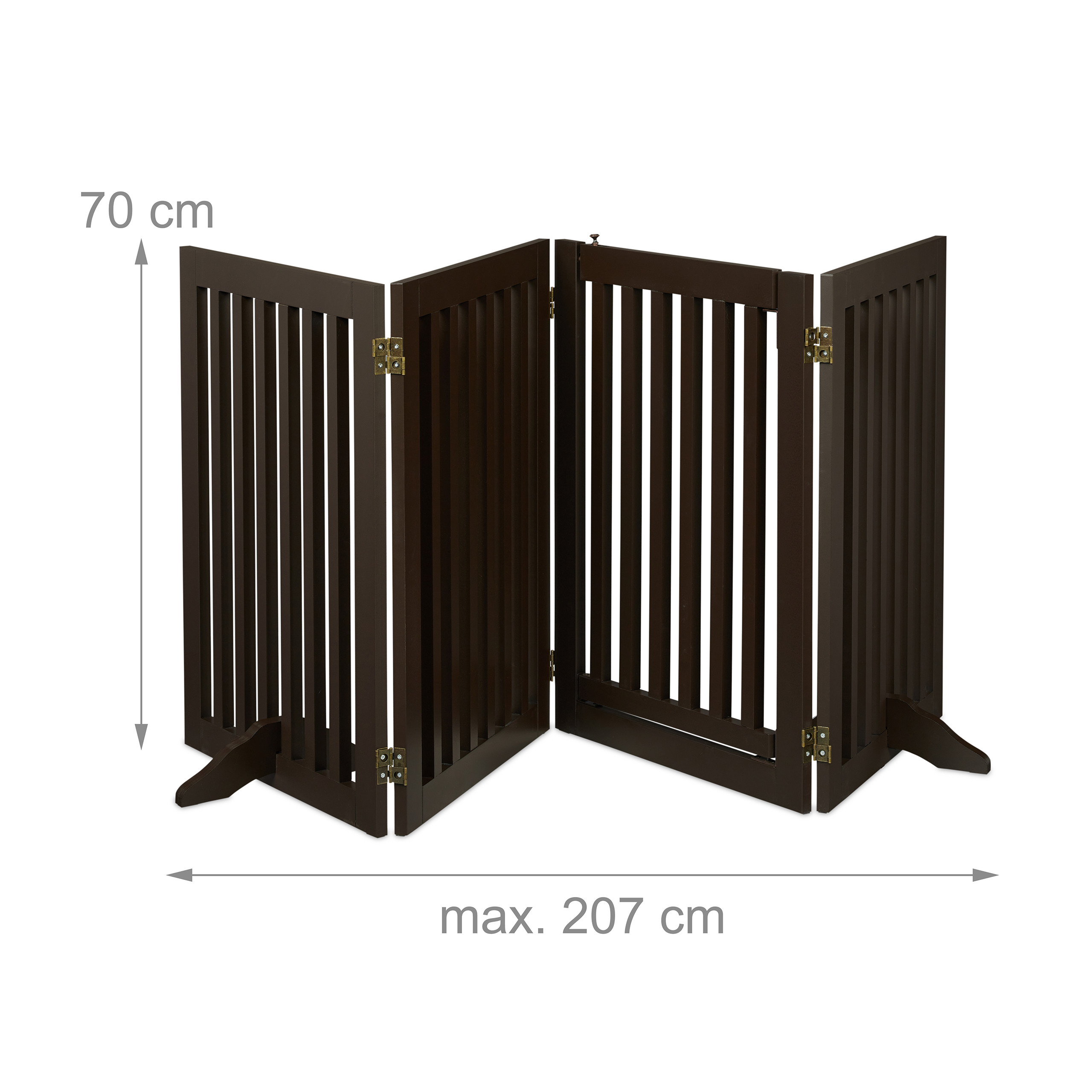 Braunes Holz-Schutzgitter mit vier faltbaren Paneelen, 70 cm hoch und bis zu 207 cm breit.