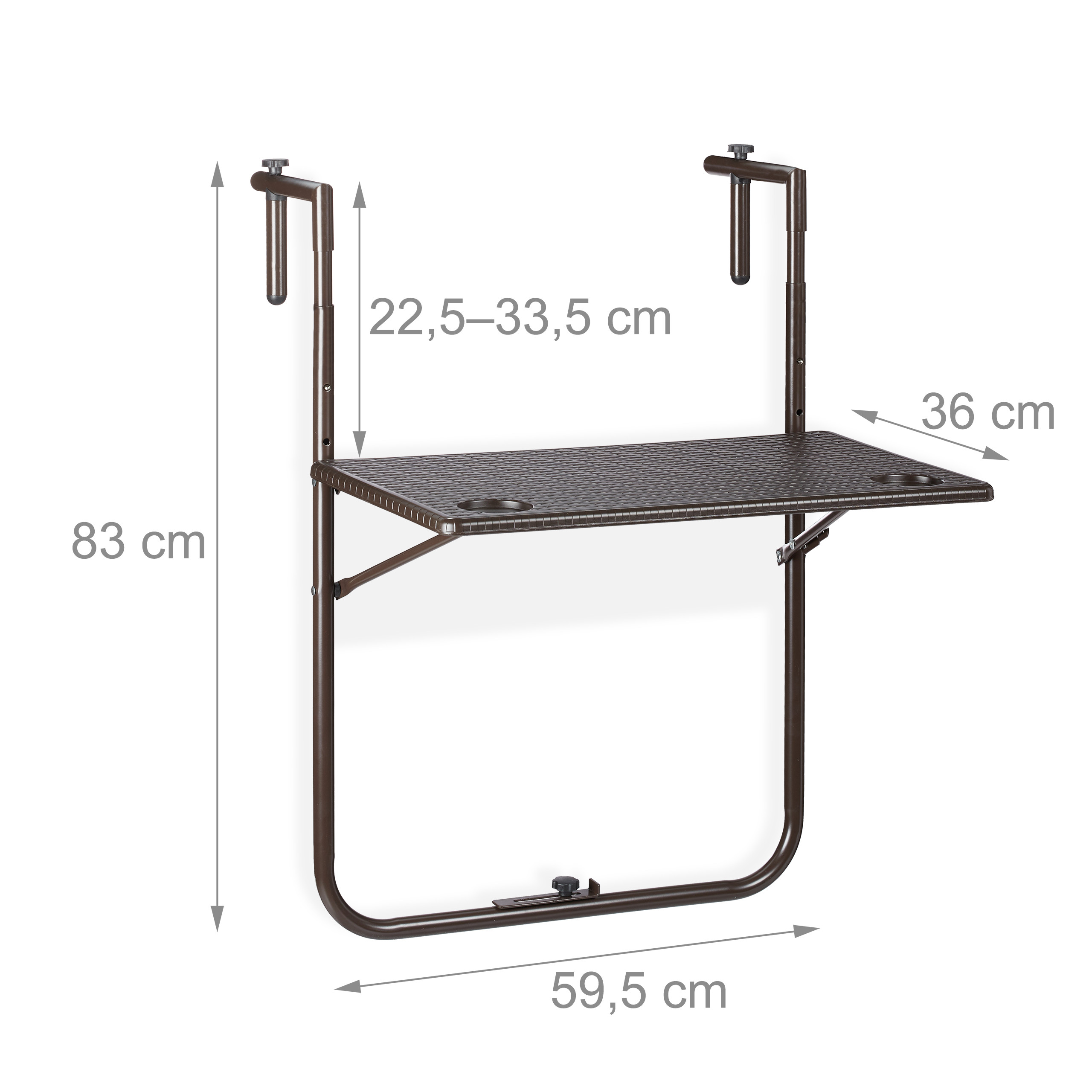 Brauner Balkontisch zum Hängen mit Maßen: 83 cm Höhe, 59,5 cm Breite, 36 cm Tiefe und 22,5-33,5 cm verstellbare Höhe.