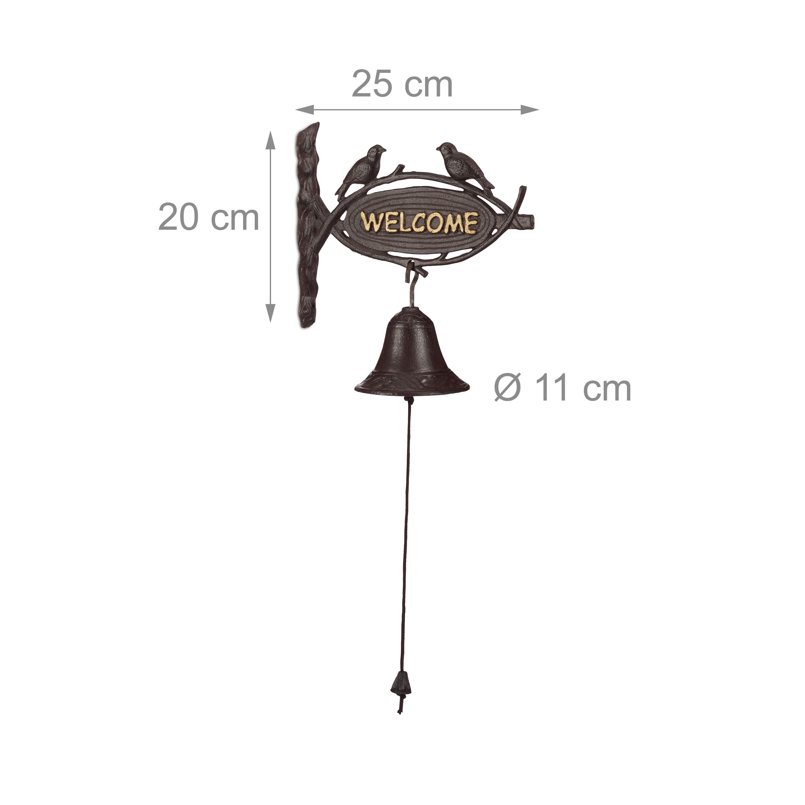 Gusseiserne Willkommens-Glocke mit Vögeln und Maßen von 25x20 cm, hängende Glocke mit 11 cm Durchmesser.
