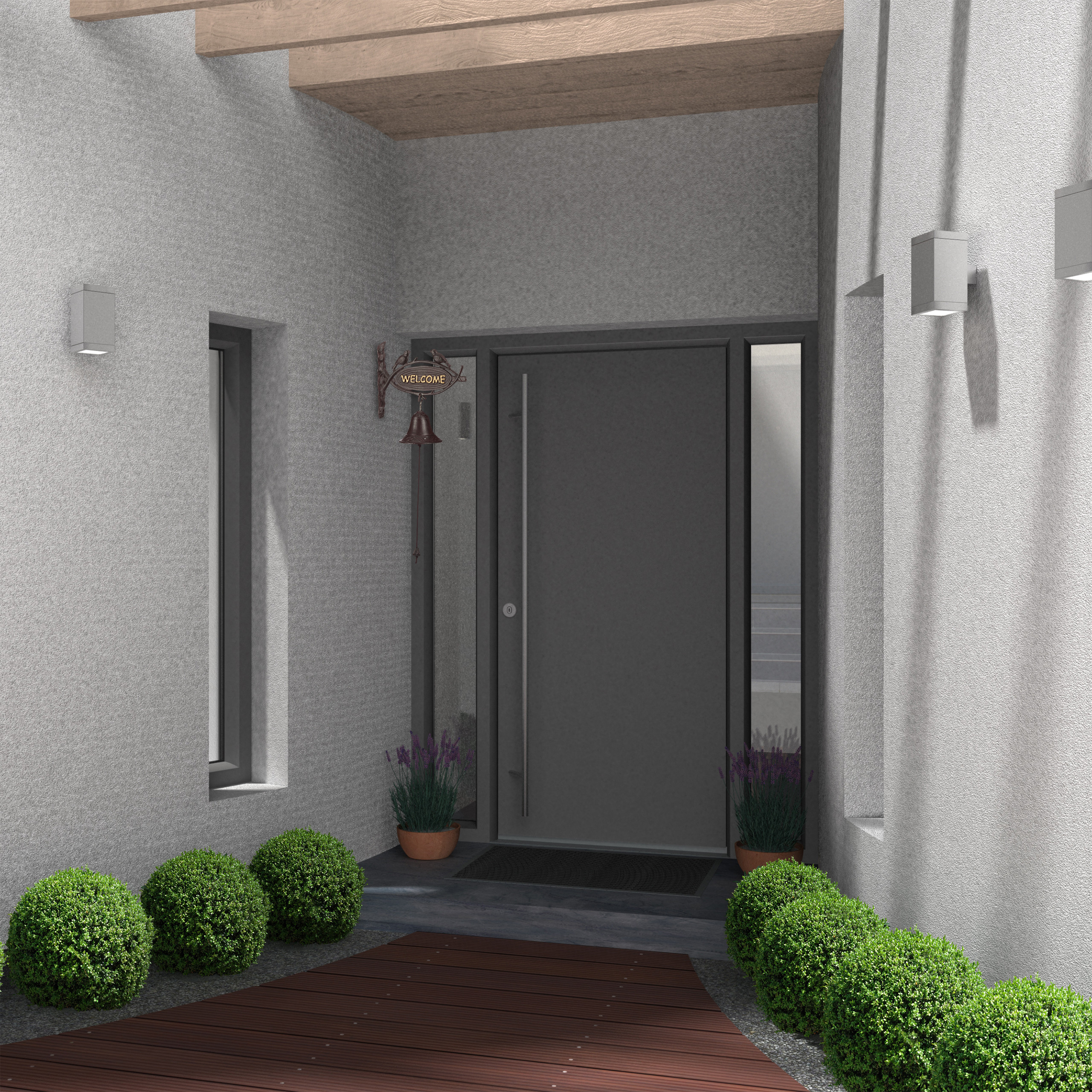 Ein moderner grauer Eingangsbereich mit Holzweg, runden Büschen, Wandleuchten und Willkommensglocke.