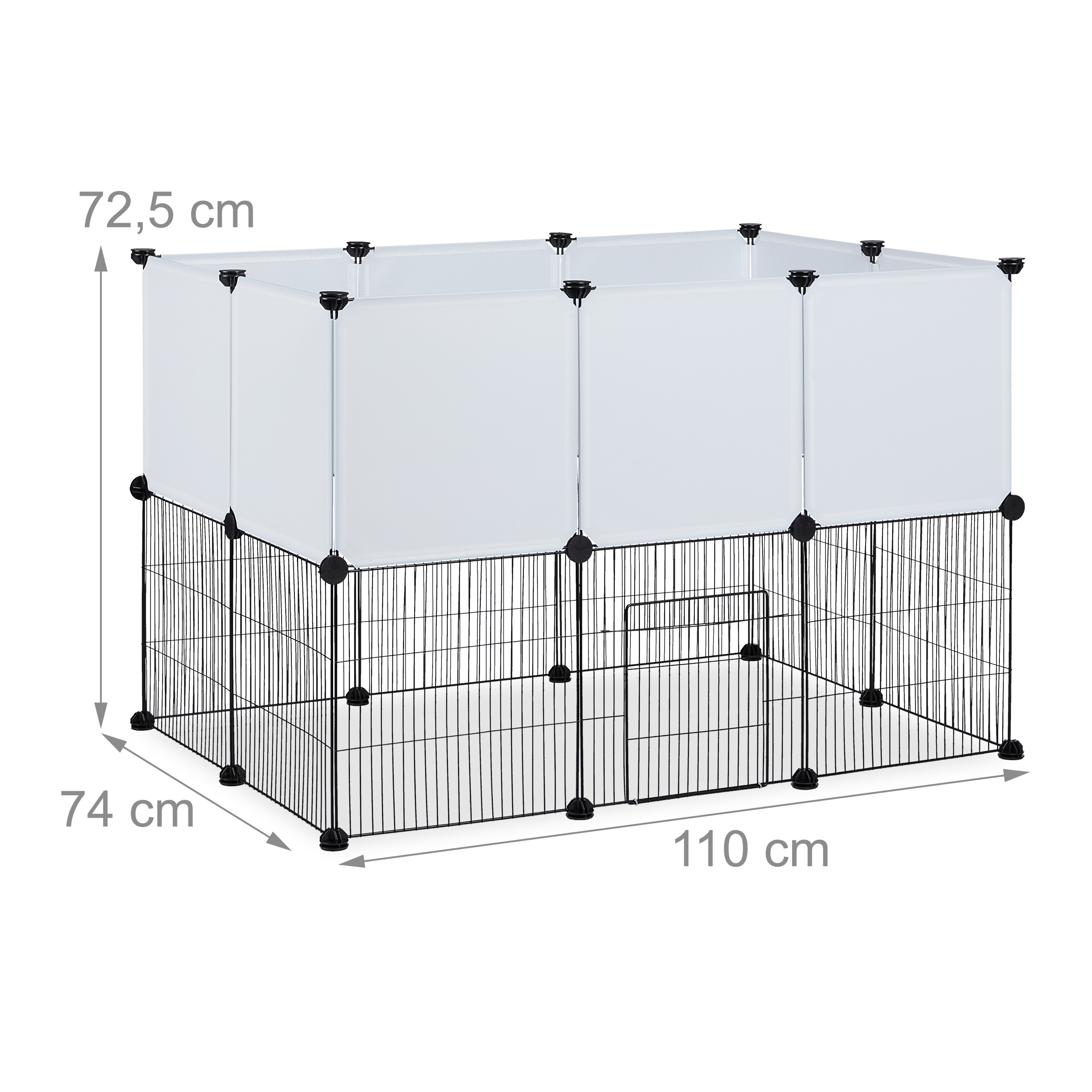 Ein rechteckiges, weiß-schwarzes Kleintiergehege aus Draht und Kunststoff mit Abmessungen 110x74x72,5 cm.