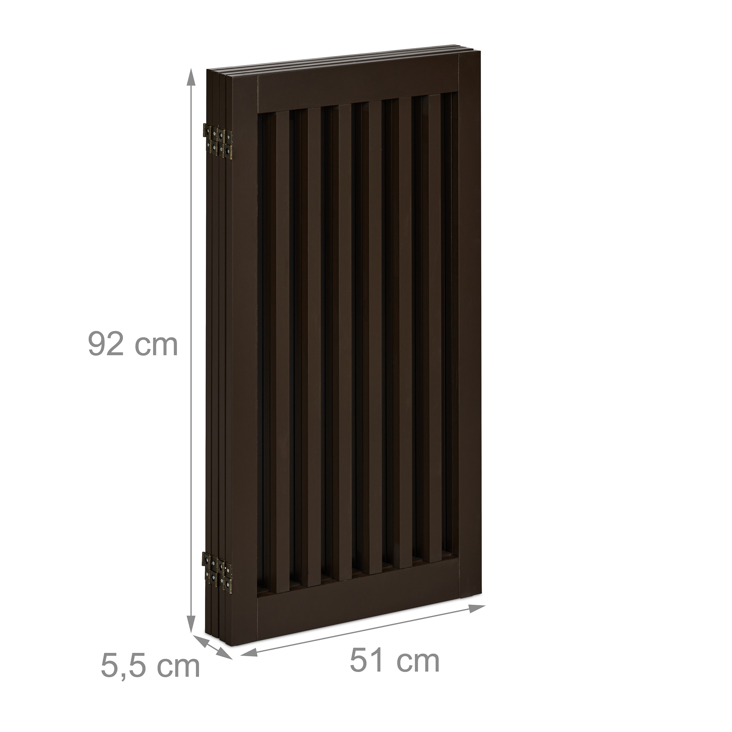 Zusammengeklapptes braunes Holzgitter mit Maßen: 92 cm Höhe, 51 cm Breite und 5,5 cm Tiefe.