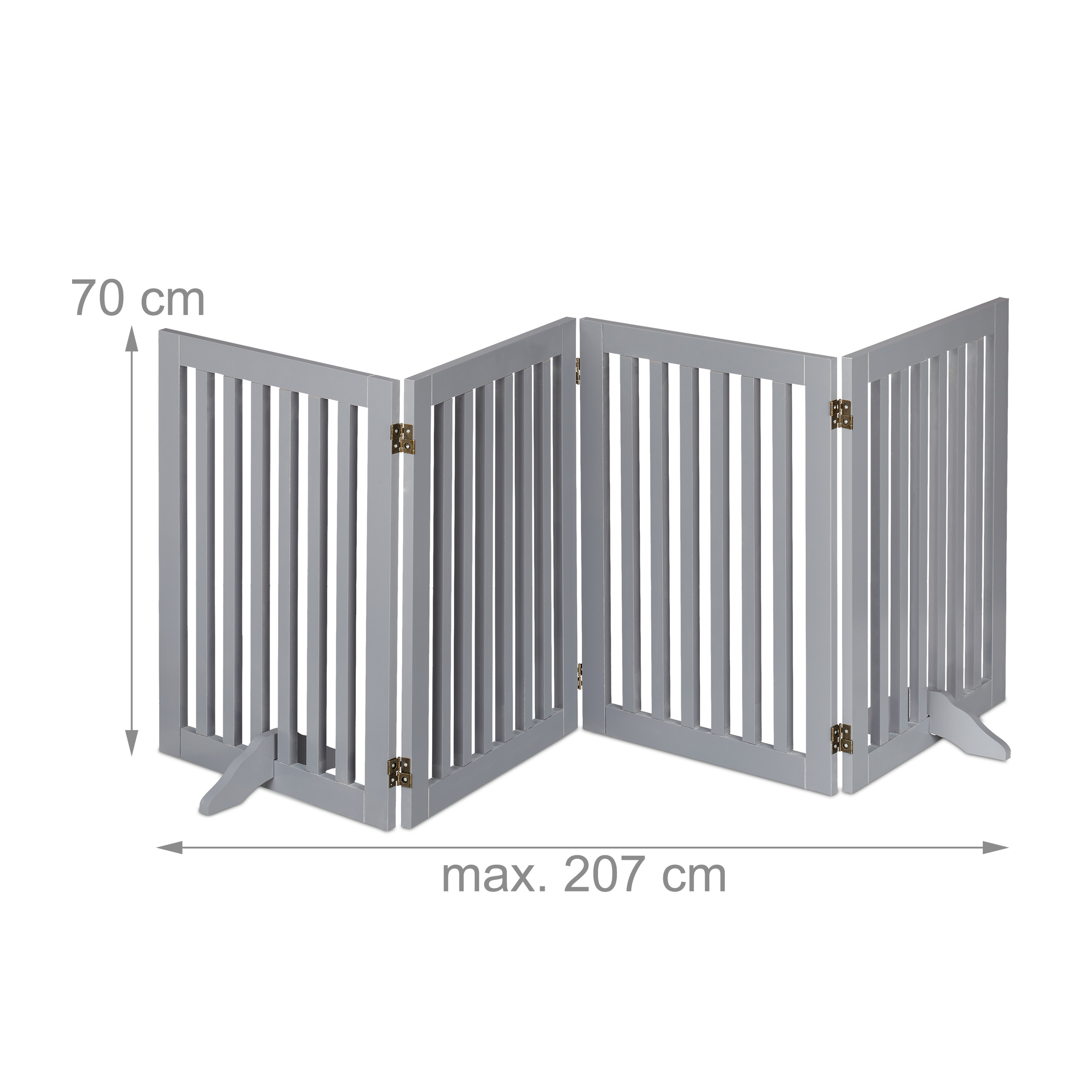 Ein graues Holzschutzgitter mit vier verbundenen Elementen, 70 cm hoch und maximal 207 cm breit.