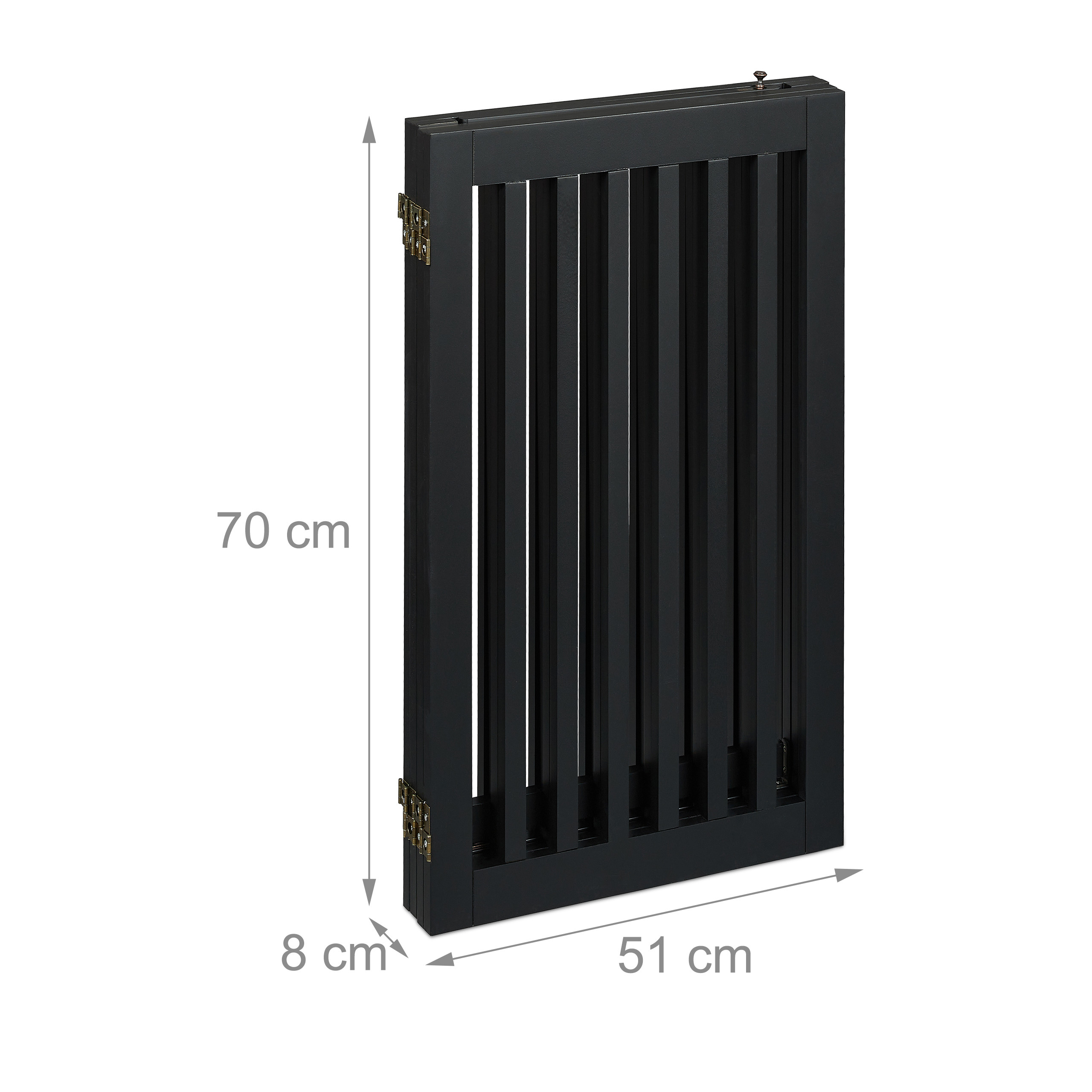 Schwarzes zusammenklappbares Holzgitter mit Maßen von 70x51x8 cm auf weißem Hintergrund.