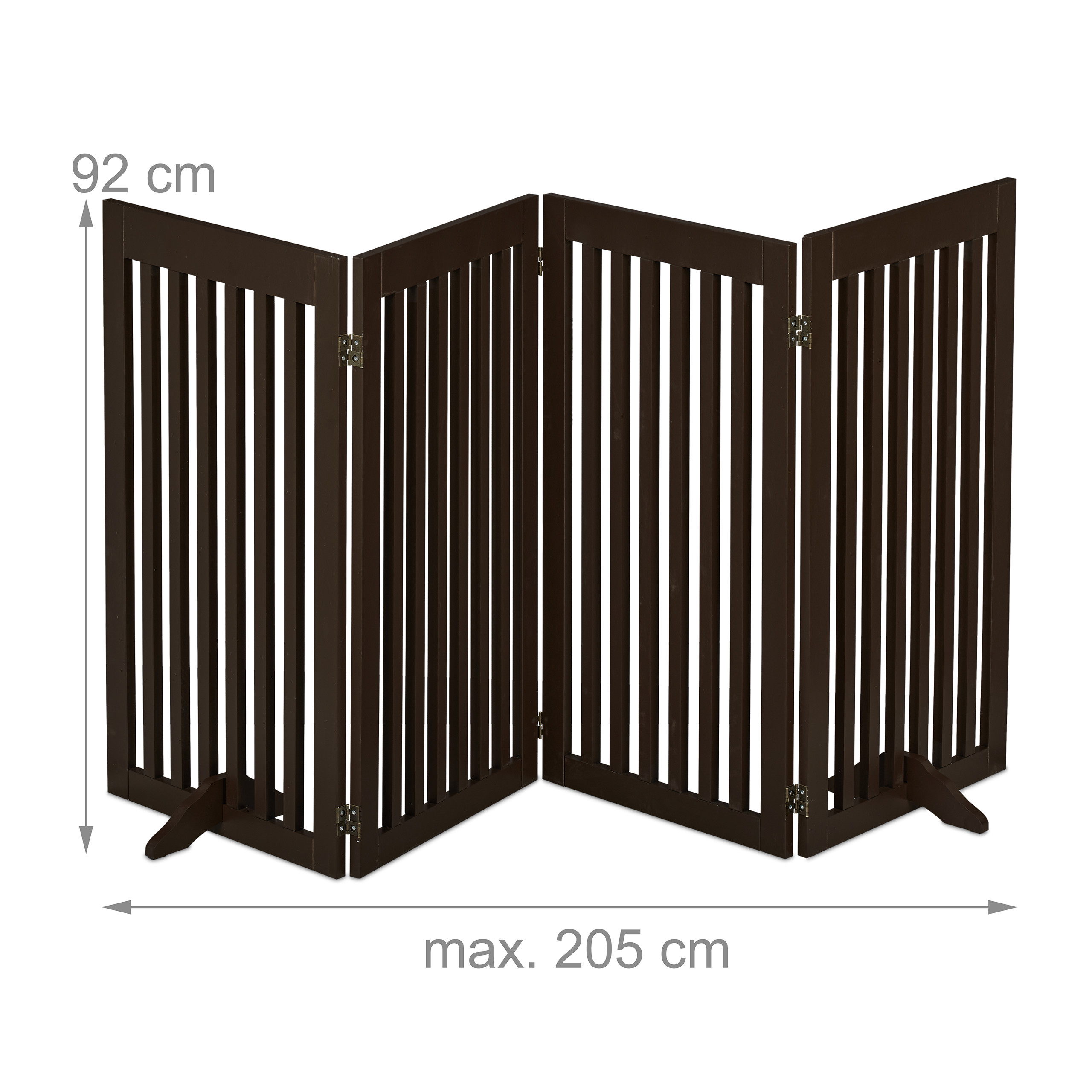 Braunes Holzschutzgitter mit vier faltbaren Paneelen, 92 cm hoch und max. 205 cm breit.