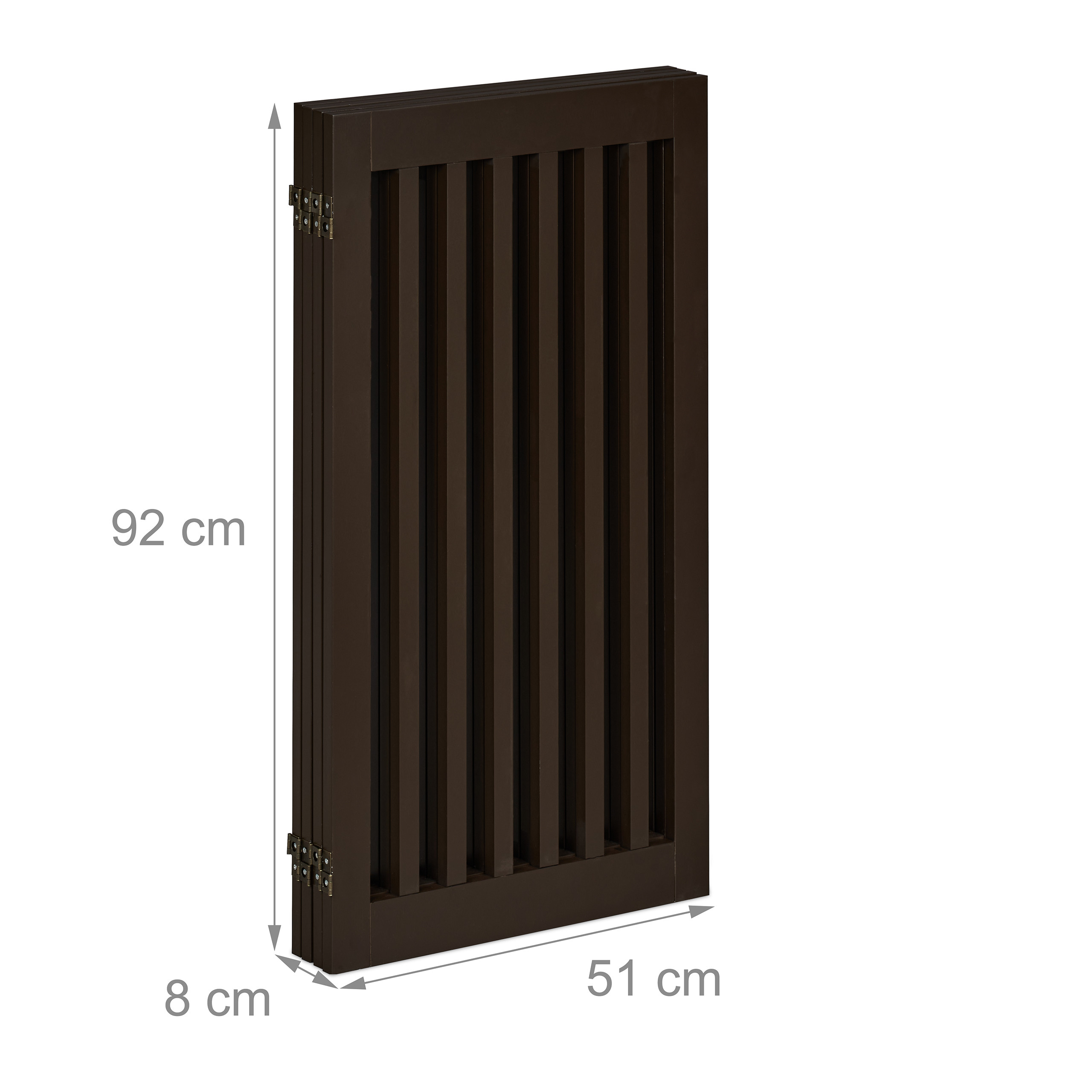 Dunkelbrauner Holzzaun, 92 cm hoch, 51 cm breit und 8 cm tief, mit Metallscharnieren.