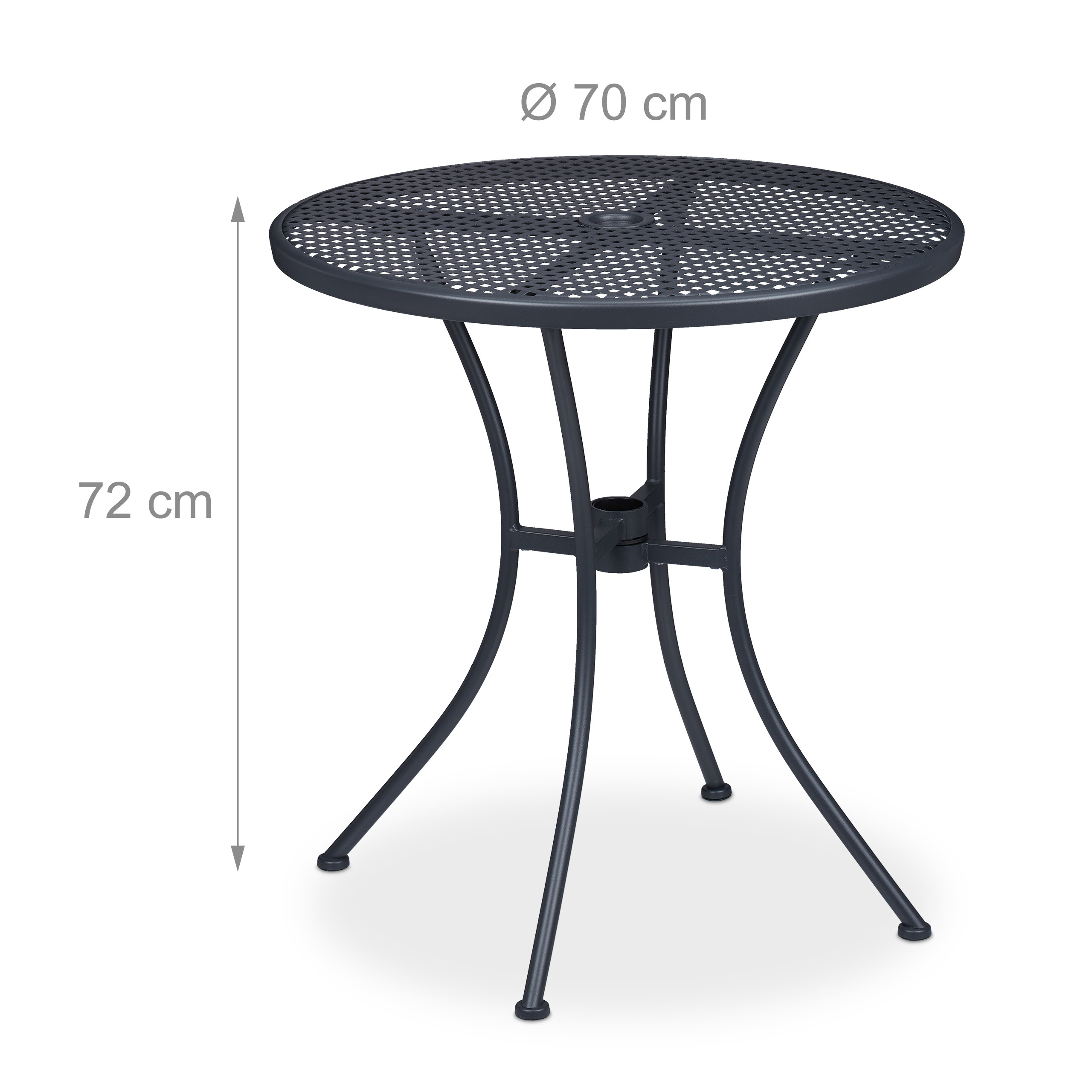 Runder grauer Metallgartentisch mit Netzmuster, 70 cm Durchmesser und 72 cm Höhe auf weißem Hintergrund.