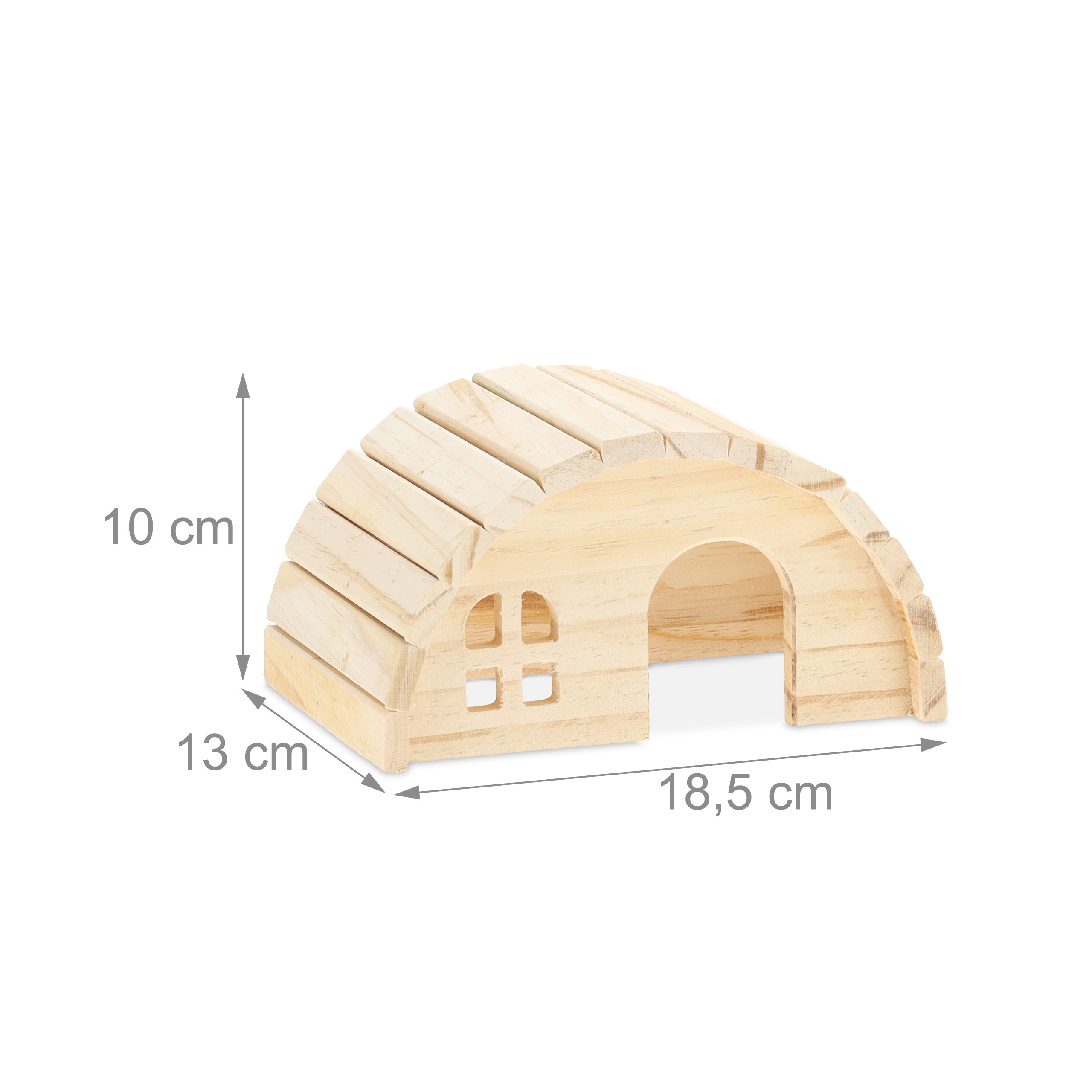 Kleines Holzhaus für Kleintiere mit Maßen: 18,5 cm Länge, 13 cm Breite, 10 cm Höhe.