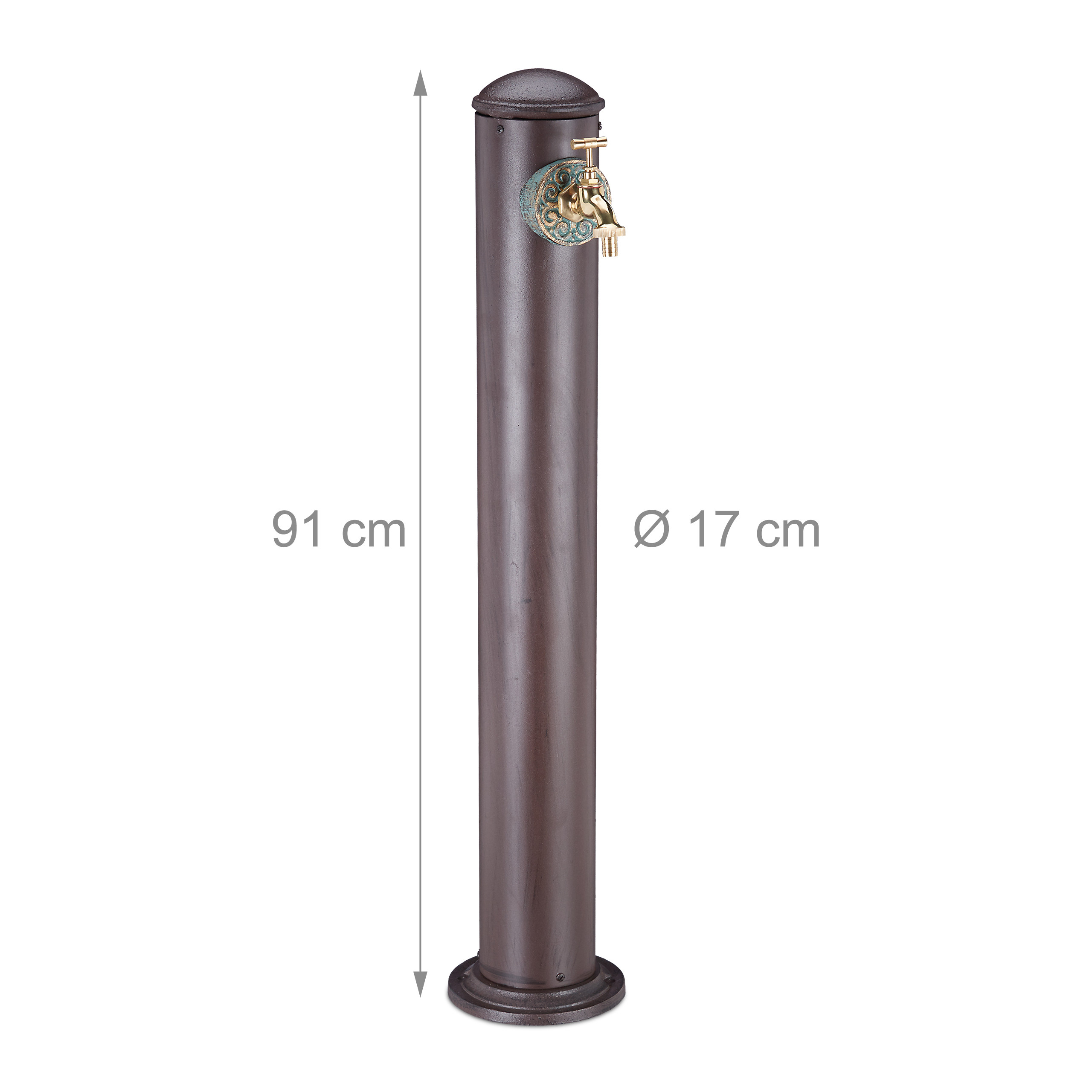 Eine braune, zylindrische Wassersäule mit goldenem Wasserhahn. Höhe 91 cm, Durchmesser 17 cm, auf weißem Hintergrund.