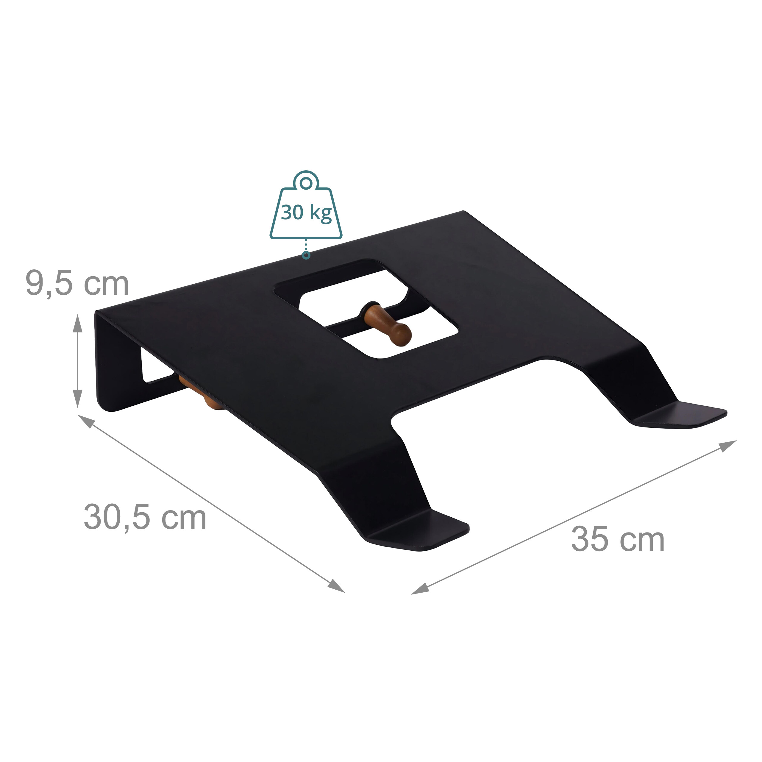 Schwarzer Metall-Monitorständer mit Holzgriffen, 35x30,5x9,5 cm, für bis zu 30 kg.