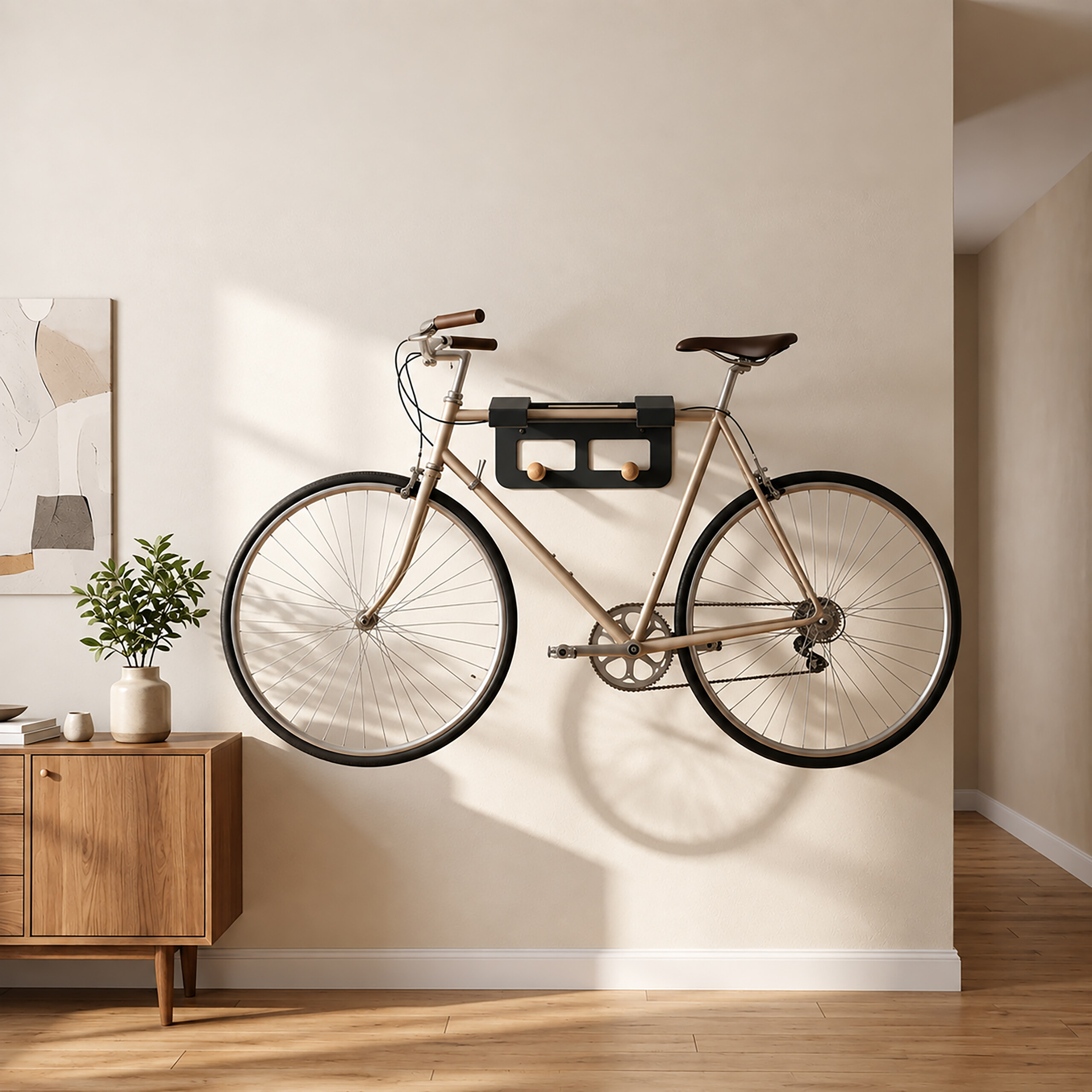 Ein beiges Fahrrad hängt an einer Wand über einem Holzschrank mit einer Pflanze.