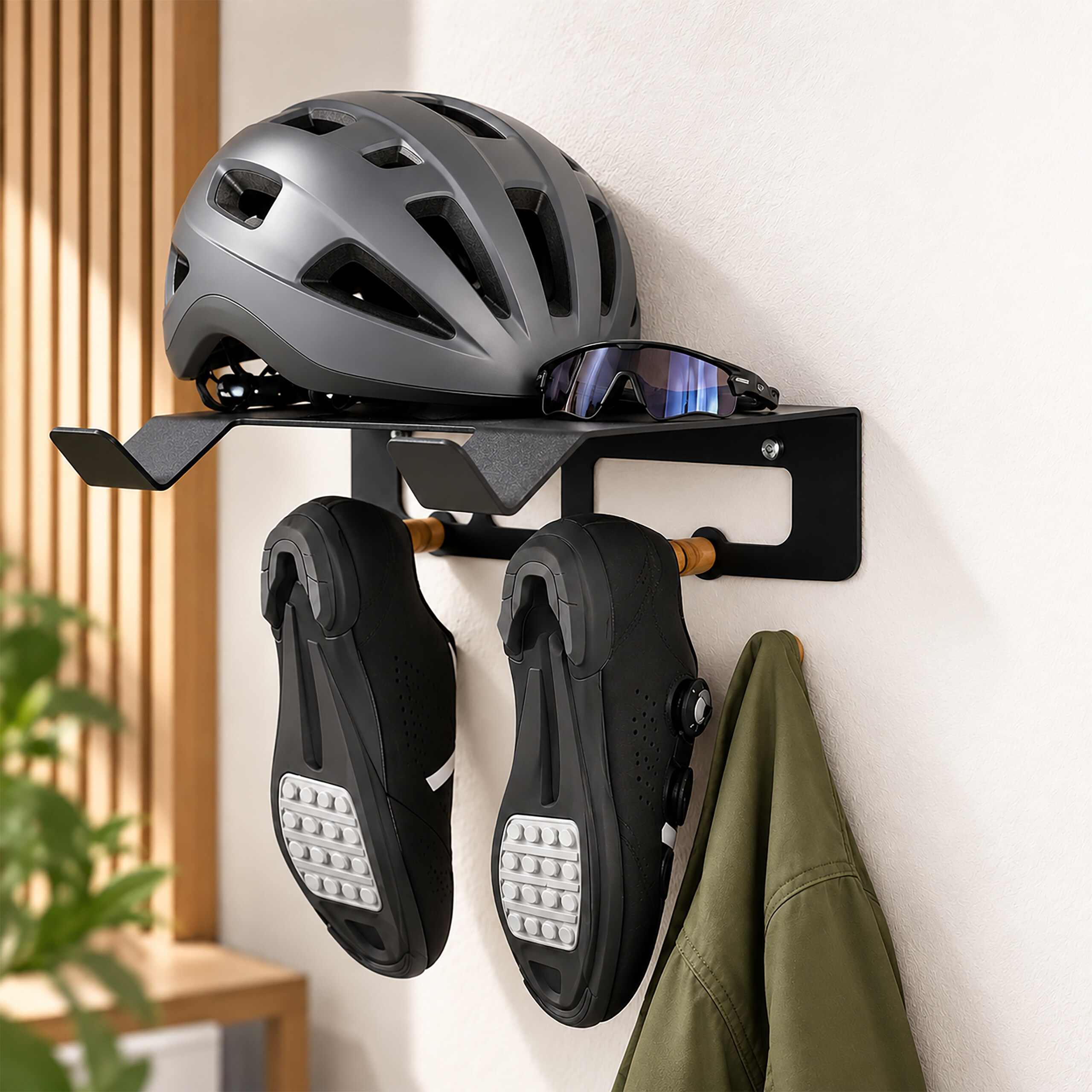 Ein schwarzes Wandregal mit Helm, Brille und Haken für Radschuhe und Jacke.