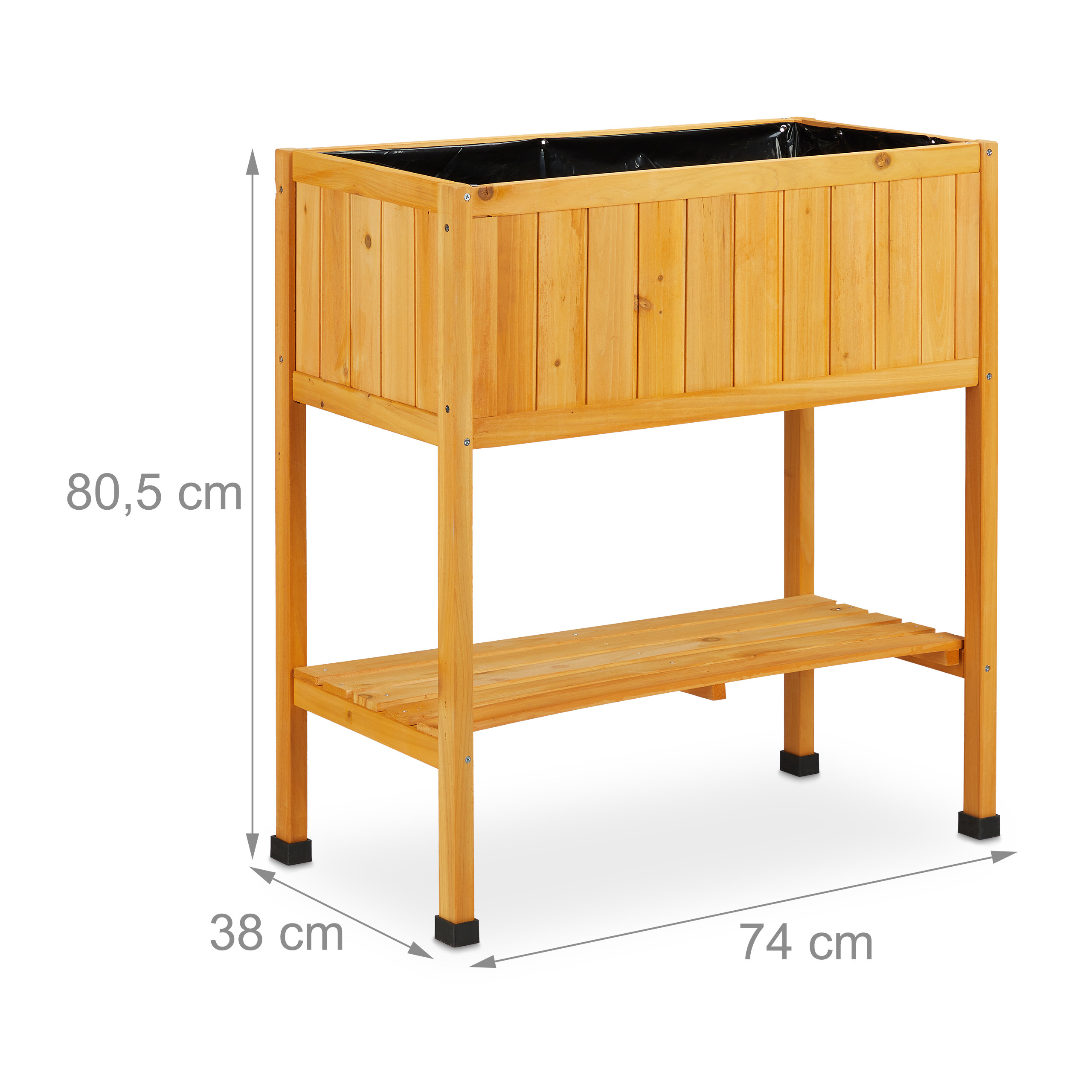 Erhöhter Holz-Hochbeetkasten mit unterer Ablage und Maßangaben.