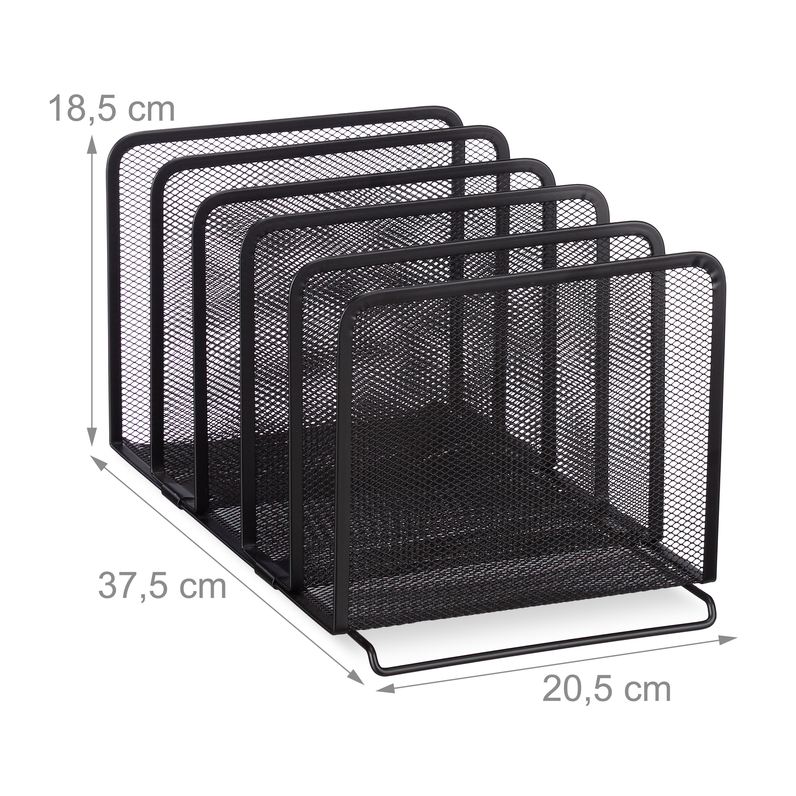 Schwarzer Dokumentenhalter aus Metallgitter mit Maßen von 18,5 x 20,5 x 37,5 cm.