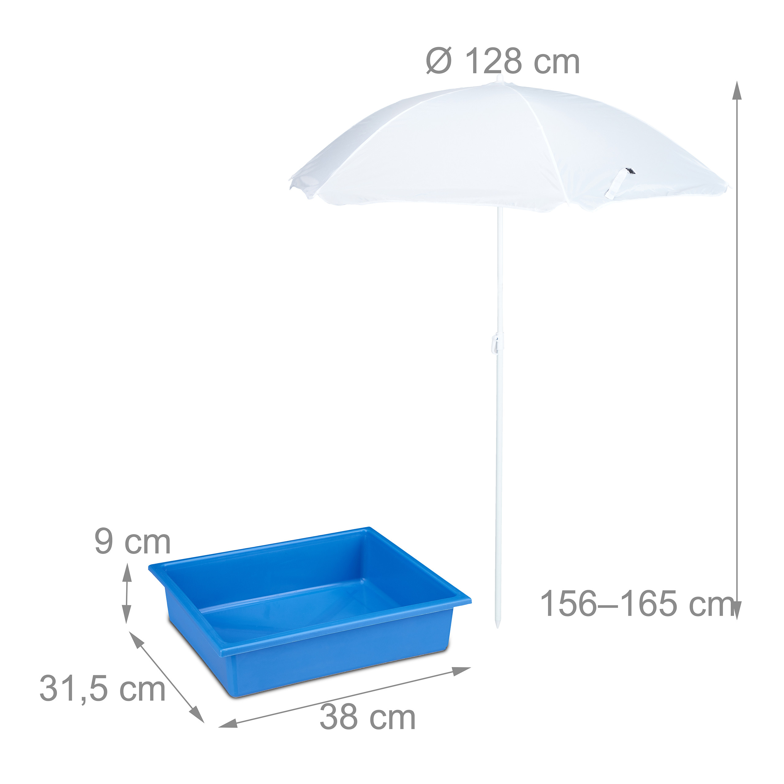 Ein weißer Sonnenschirm und eine blaue Plastikwanne mit Maßangaben vor einem weißen Hintergrund.