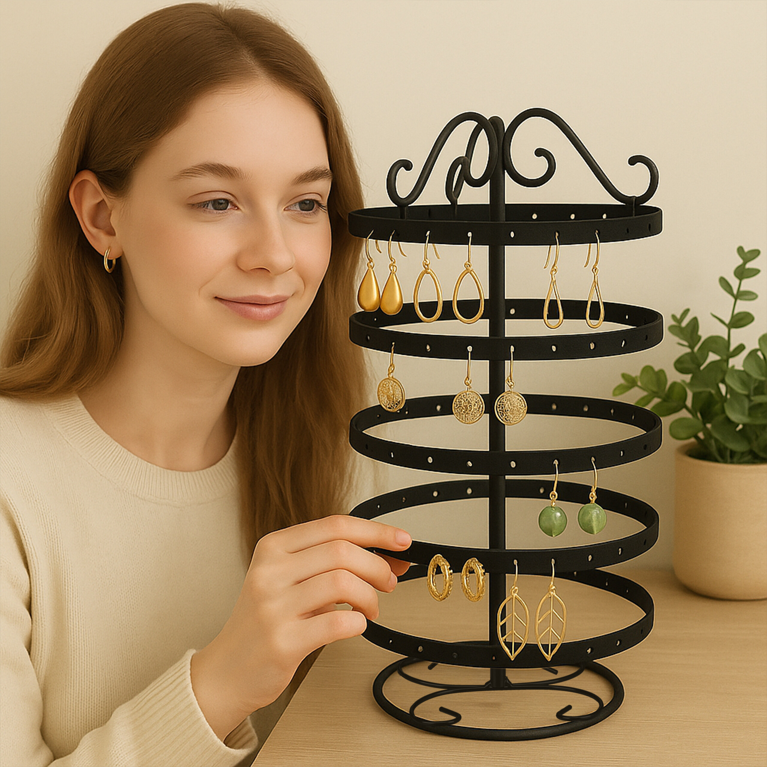Eine Frau bewundert verschiedene hängende Ohrringe auf einem schwarzen Metallständer.