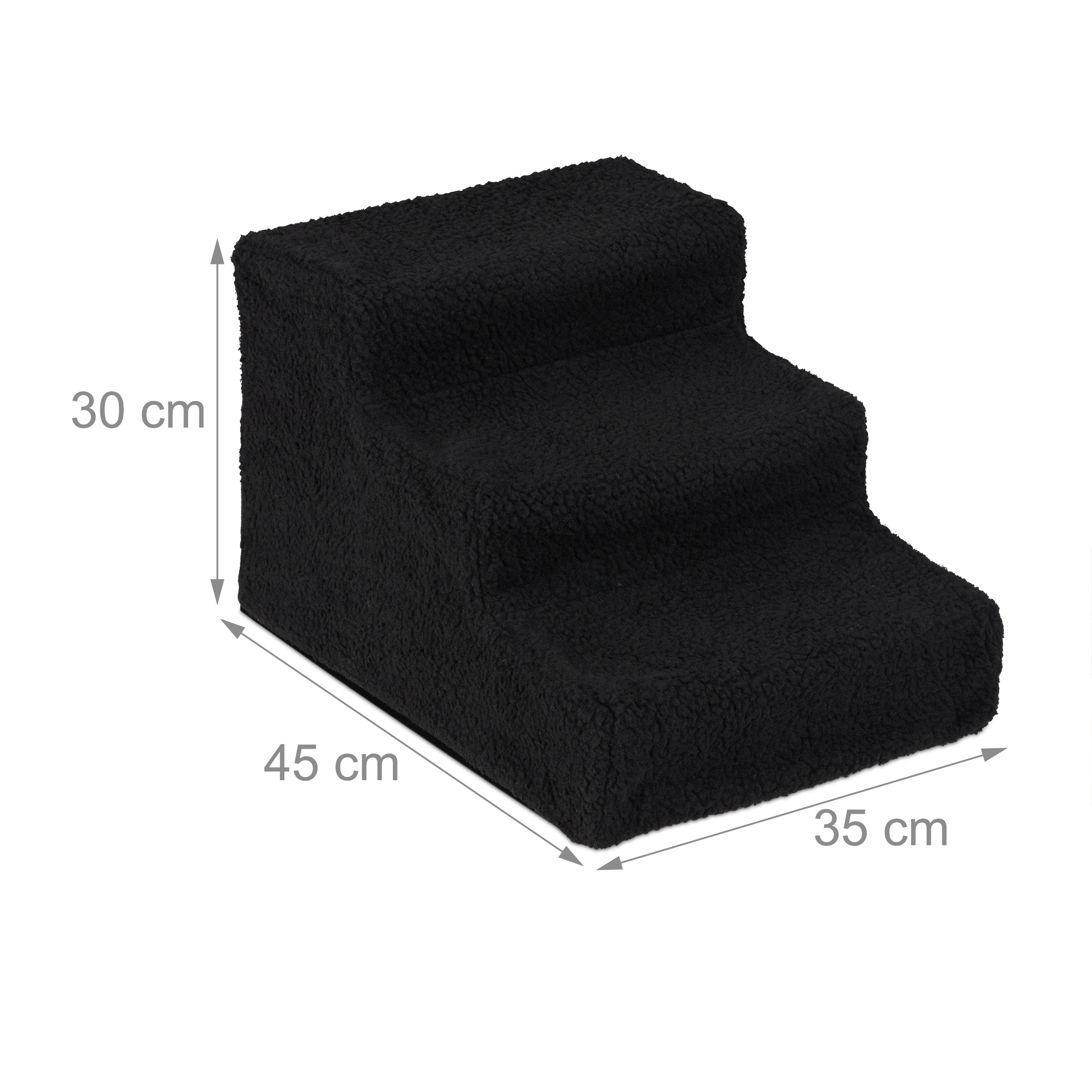 Schwarze Plüsch-Haustiertreppe mit drei Stufen und Maßangaben in cm: 30 Höhe, 45 Tiefe, 35 Breite.
