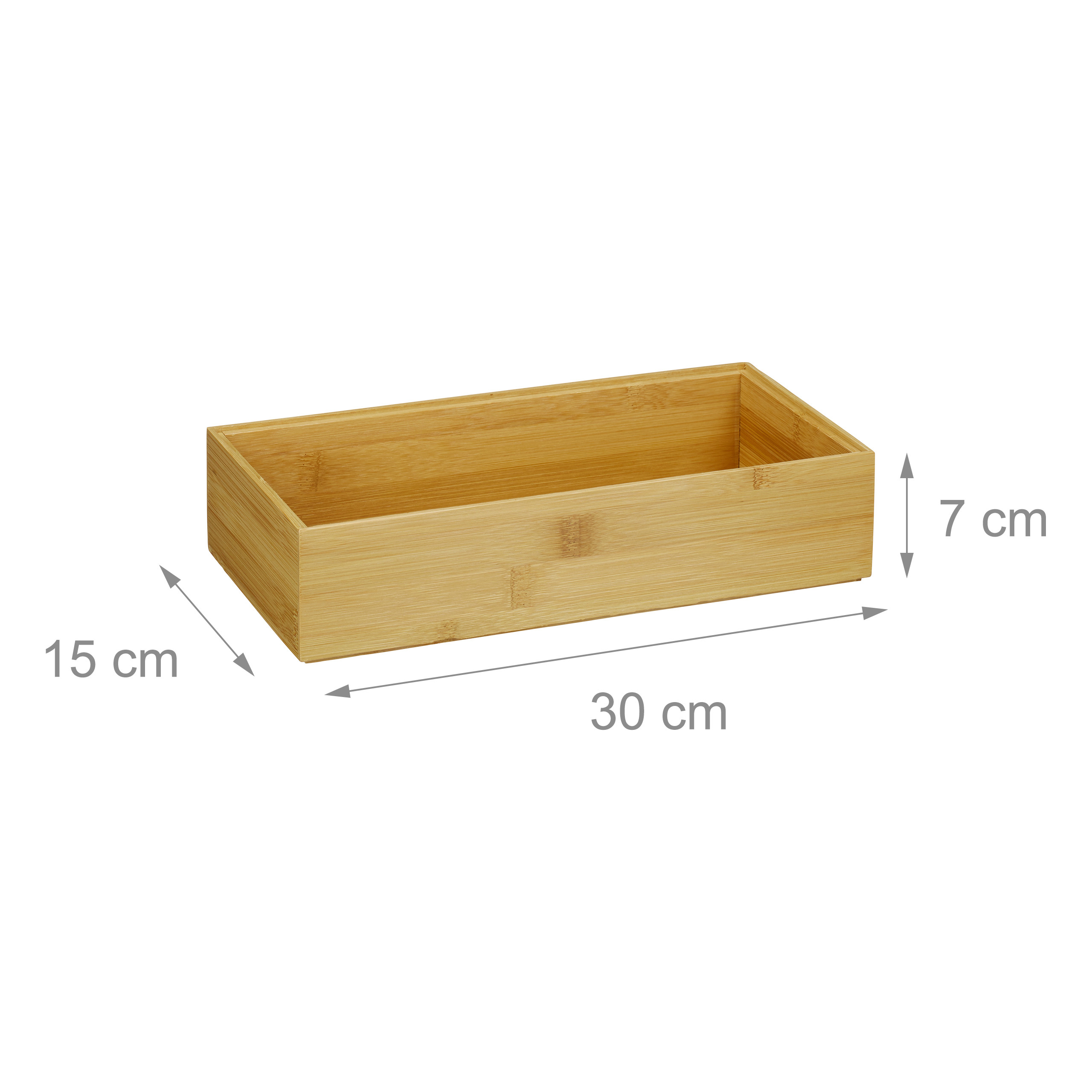 Rechteckige Bambus-Aufbewahrungsbox mit 30 cm Breite, 15 cm Tiefe und 7 cm Höhe auf weißem Hintergrund.